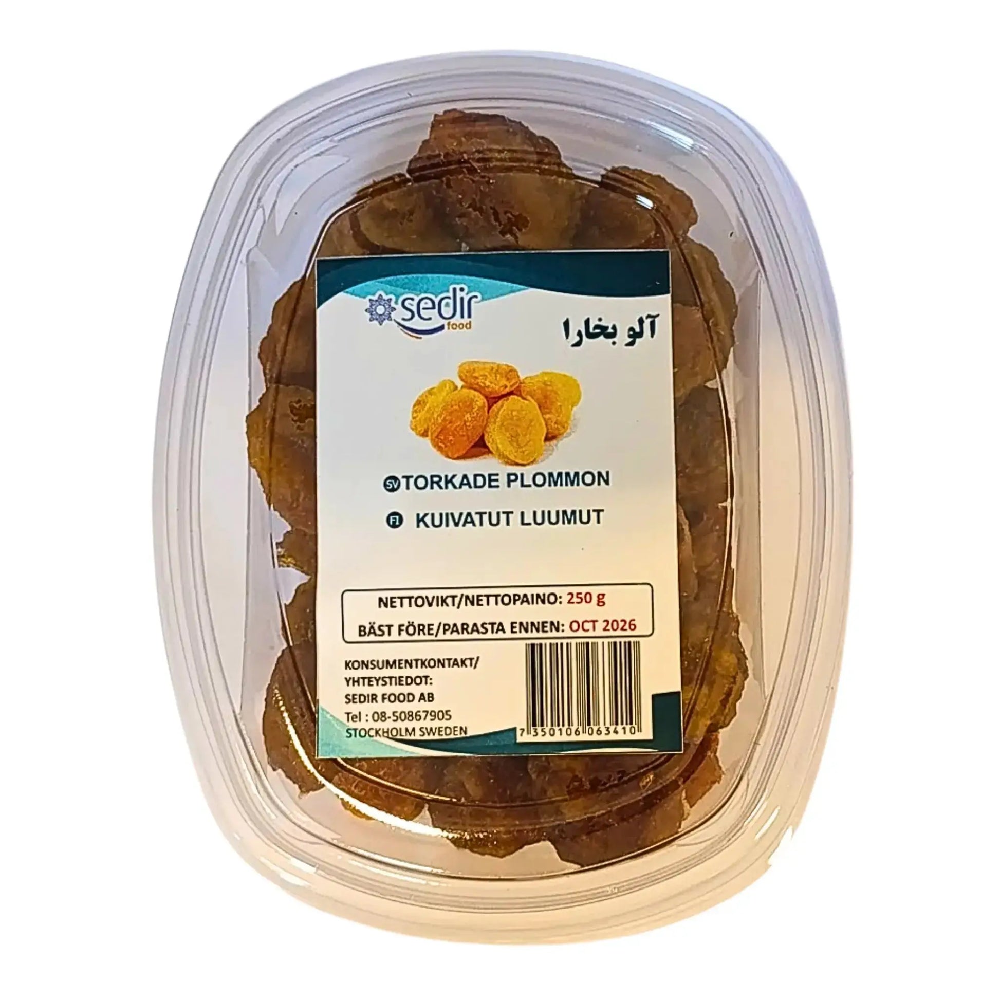 Iranilaisia kuivattuja luumuja sisältävä pakkaus 250 g, selkeä etiketti, itämaisia ruoka-aineita