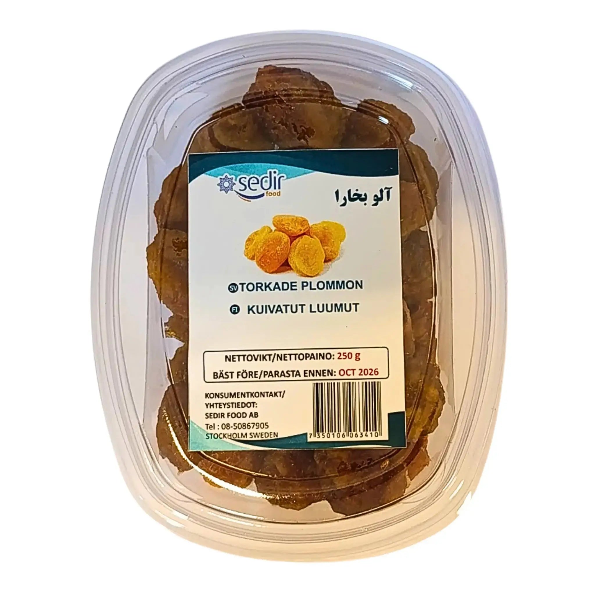 Iranilaisia kuivattuja luumuja sisältävä pakkaus 250 g, selkeä etiketti, itämaisia ruoka-aineita