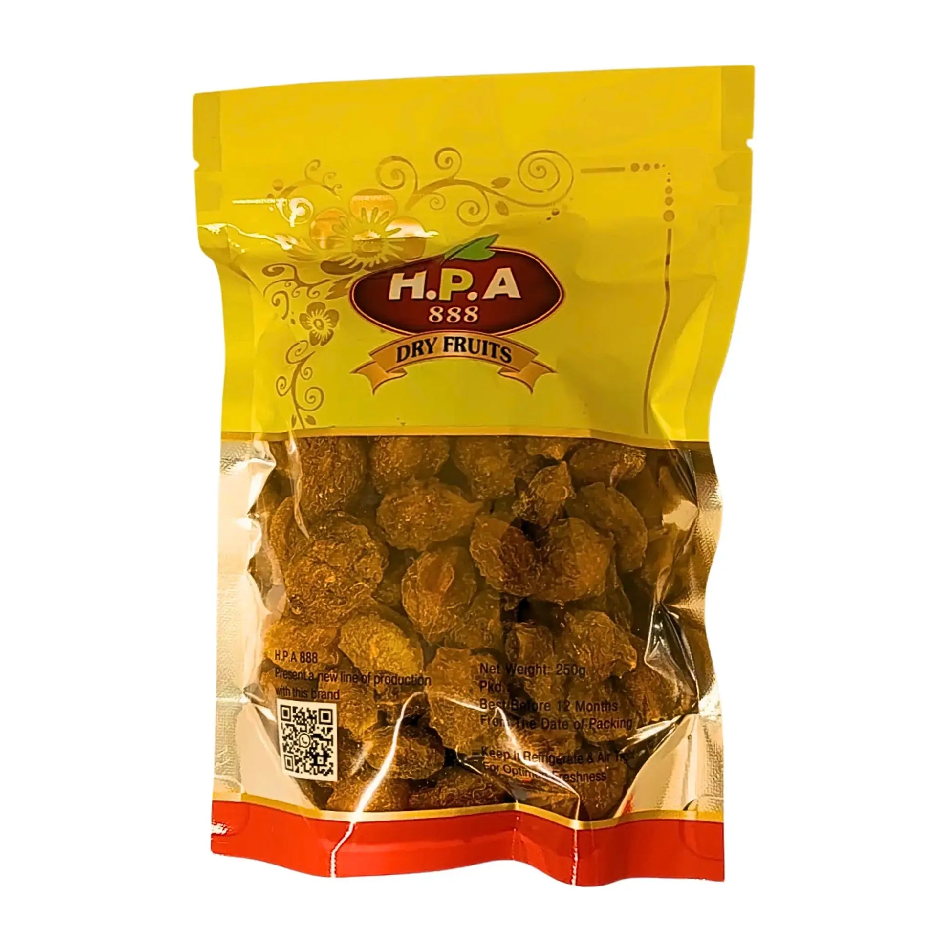 H.P.A.-pakkaus iranilaisia kuivattuja luumuja 300 g, näkyvissä selkeästi muovin läpi.
