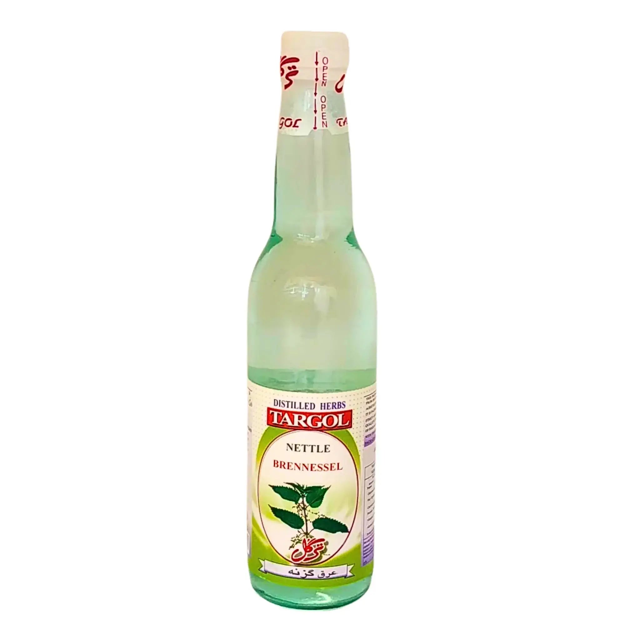 Pullo iranilaista Targol-yrttitisleä nokkosella 400 ml valkoista taustaa vasten.