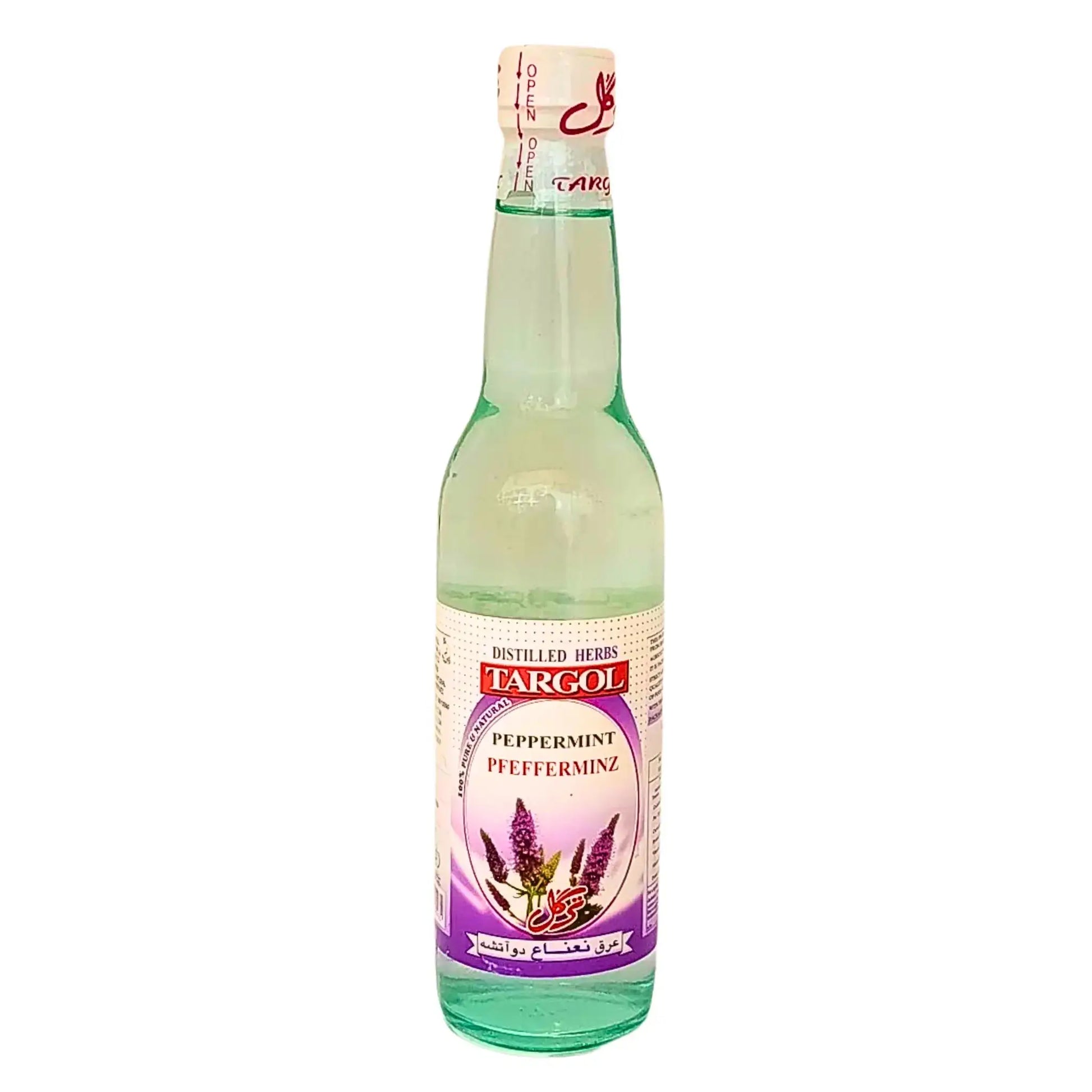 Iranilainen Targol minttu-arak 400 ml lasipullo violetilla etiketillä valkoista taustaa vasten.