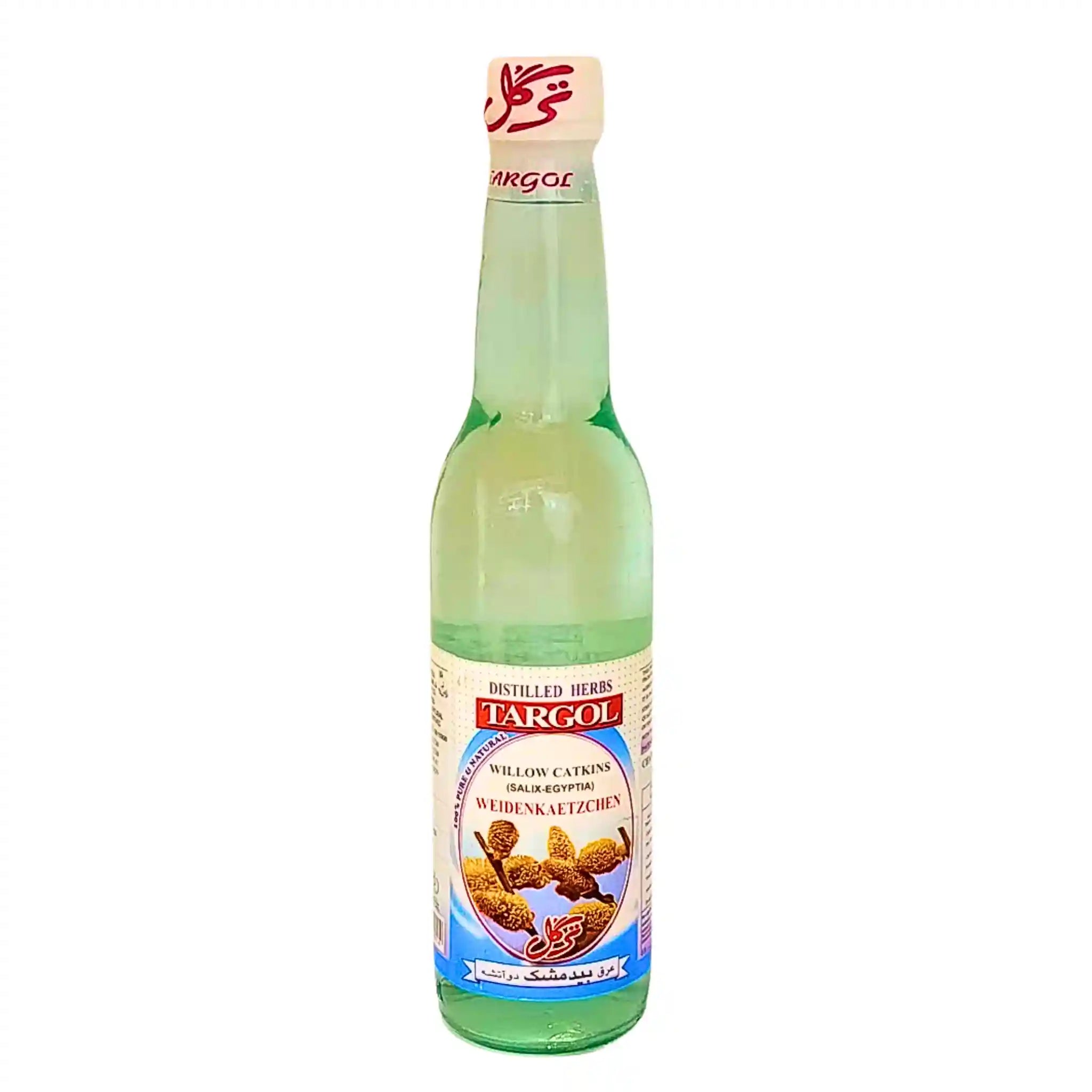 Iranilainen Targol Bedmashk tislattu yrttivesi 400 ml, lasipullo sinisellä etiketillä.
