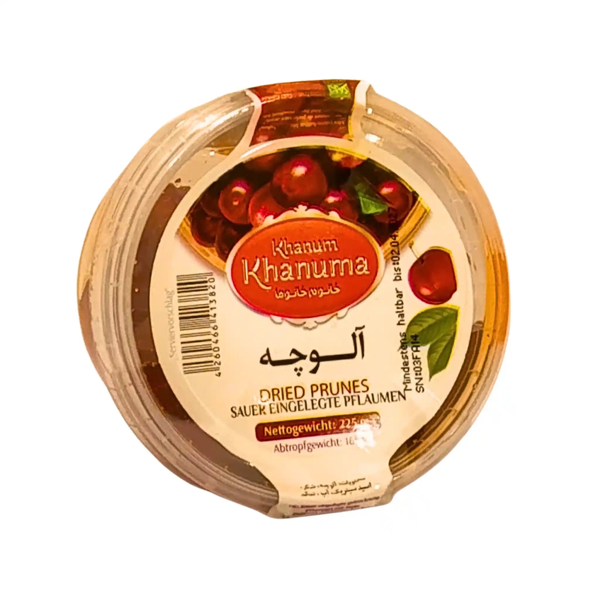 Iranilainen kuivattu luumu Lavashak pyöreässä muovi-pakkauksessa, etiketissä luumukuvio.