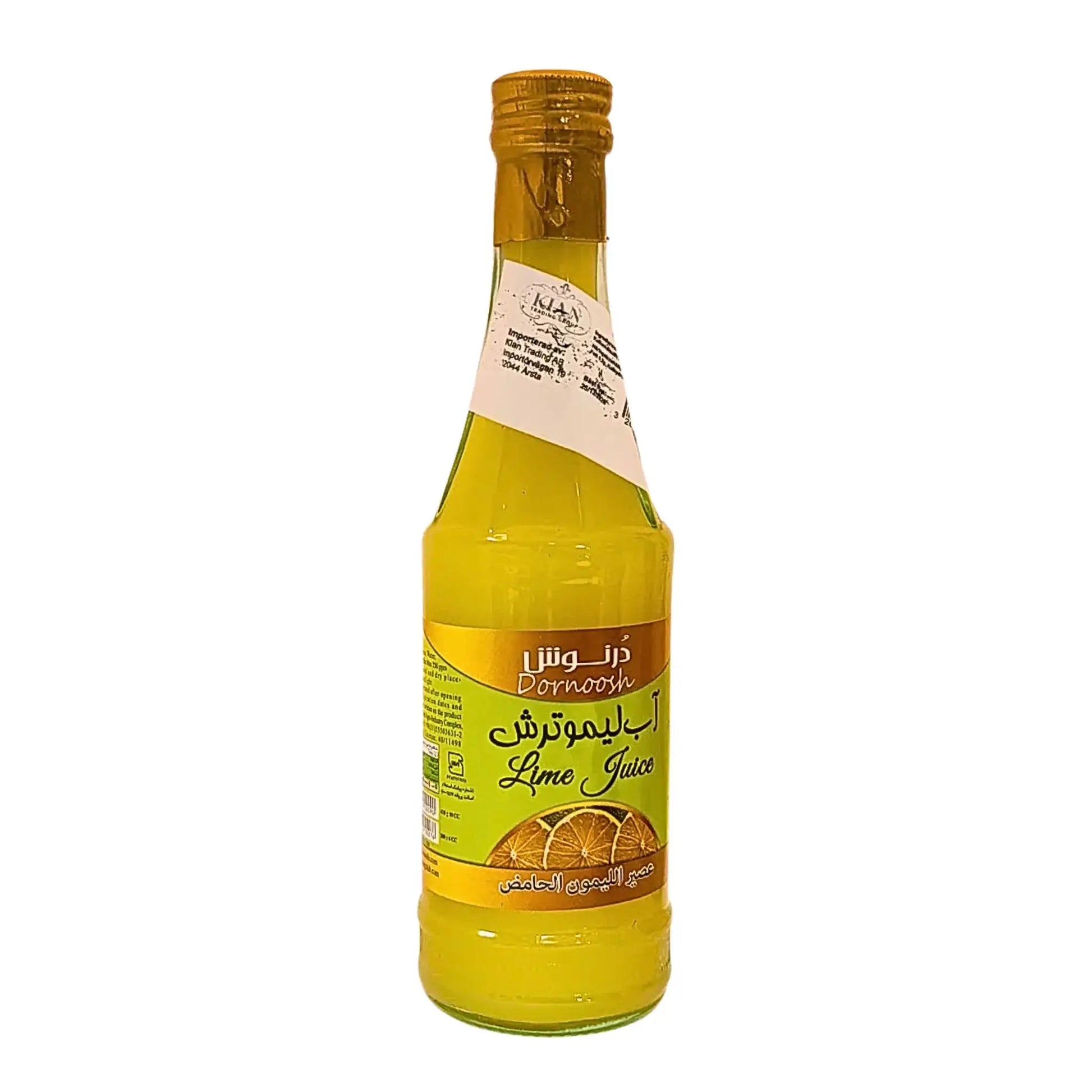Pullo iranilaista limemehua, keltainen etiketti, itämaiset merkit, 500 ml