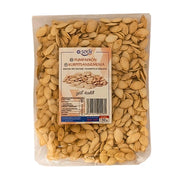 Pussi paahdettuja ja suolattuja iranilaisia kurpitsansiemeniä, 150 g, ravintoarvot näkyvissä etiketissä.