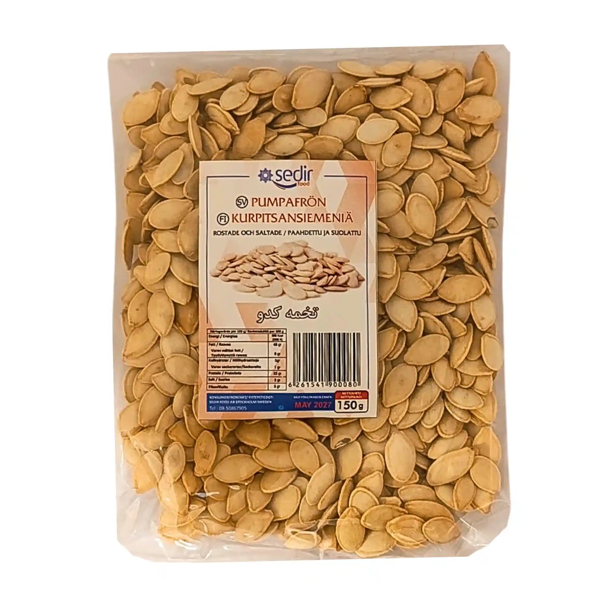 Pussi paahdettuja ja suolattuja iranilaisia kurpitsansiemeniä, 150 g, ravintoarvot näkyvissä etiketissä.