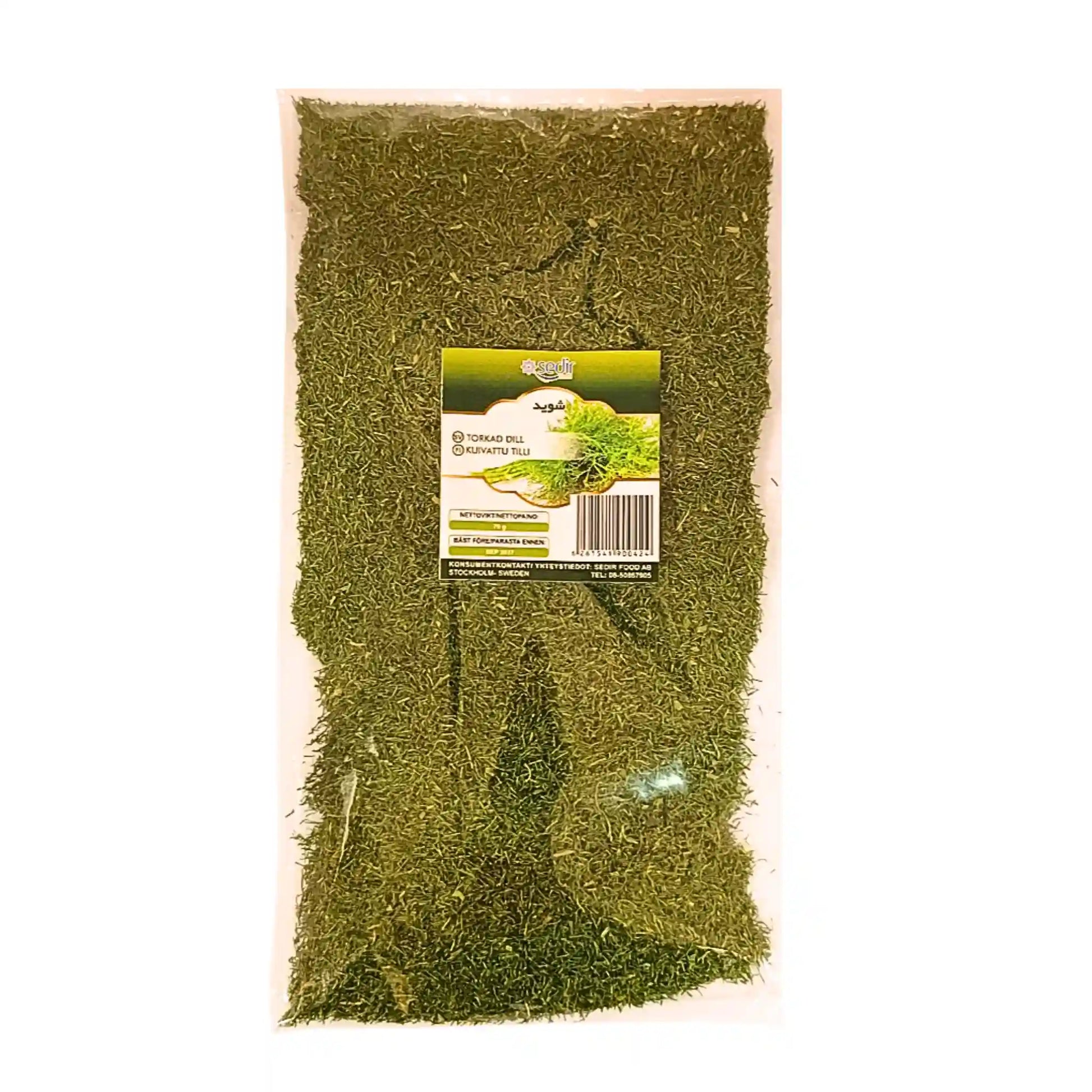 70 g:n pakkaus kuivattua tilliä, iranilainen mauste vihreällä etiketillä muovipussissa.