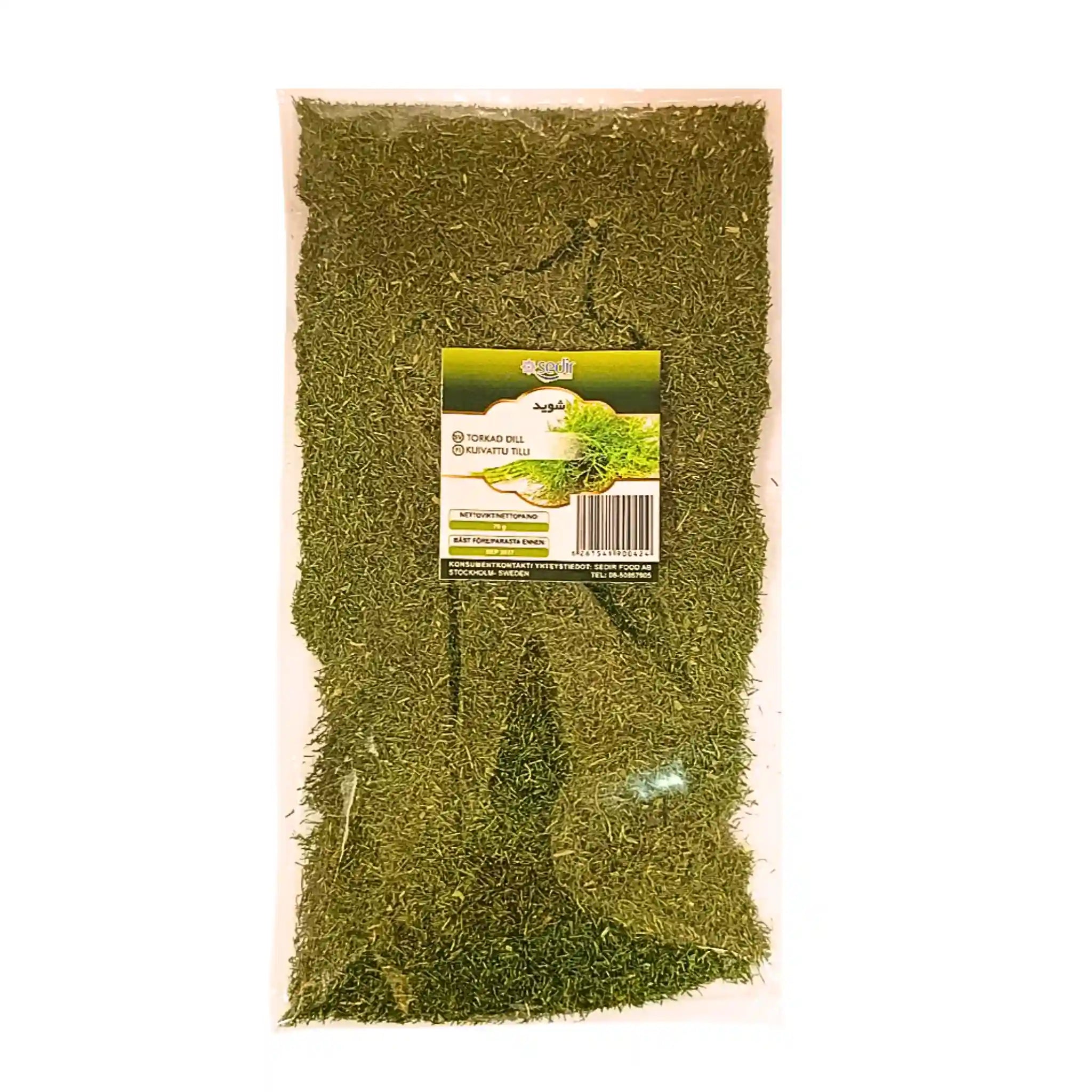 70 g:n pakkaus kuivattua tilliä, iranilainen mauste vihreällä etiketillä muovipussissa.