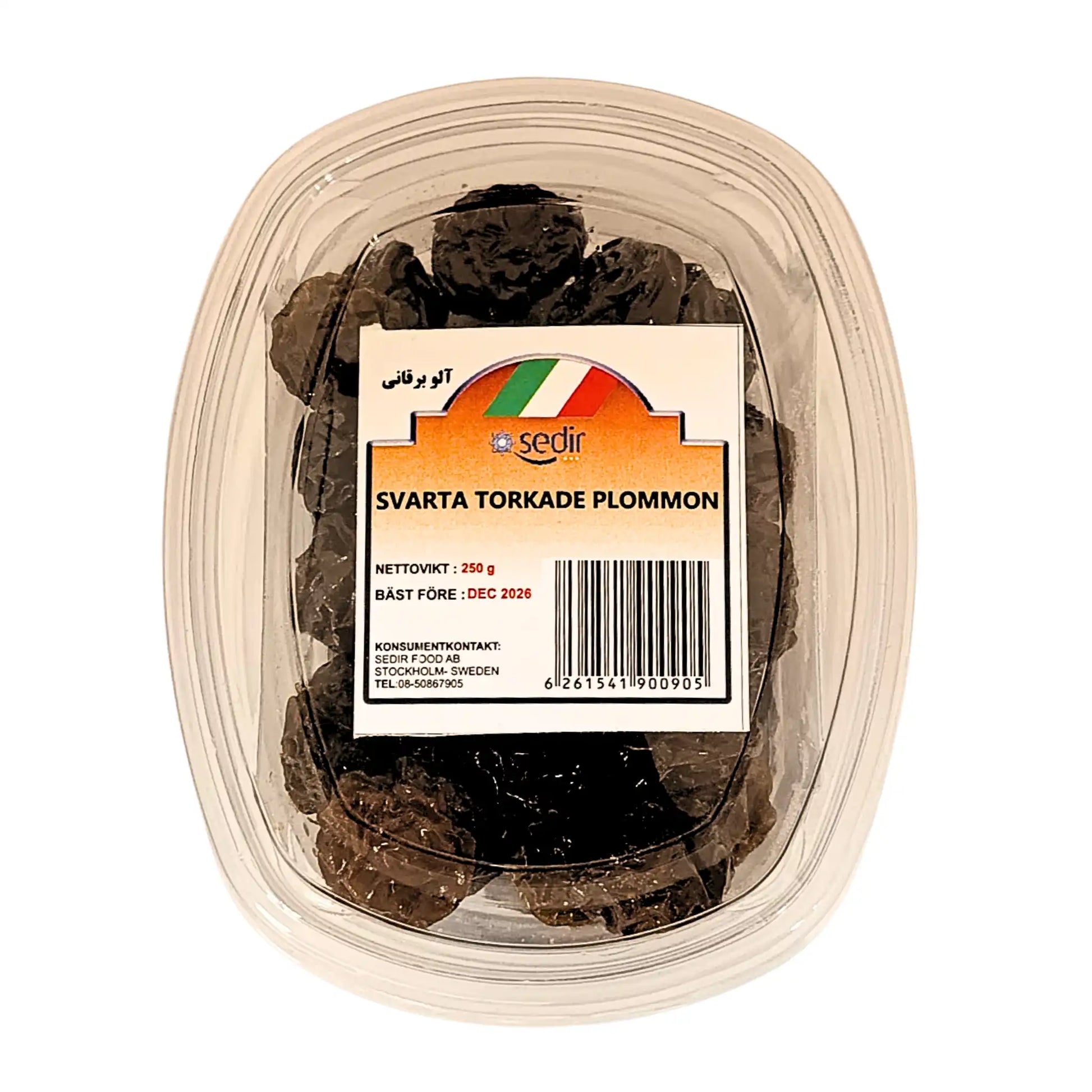 Muoviastia mustia kuivattuja luumuja, etiketissä paino ja viimeinen käyttöpäivä, 250g.