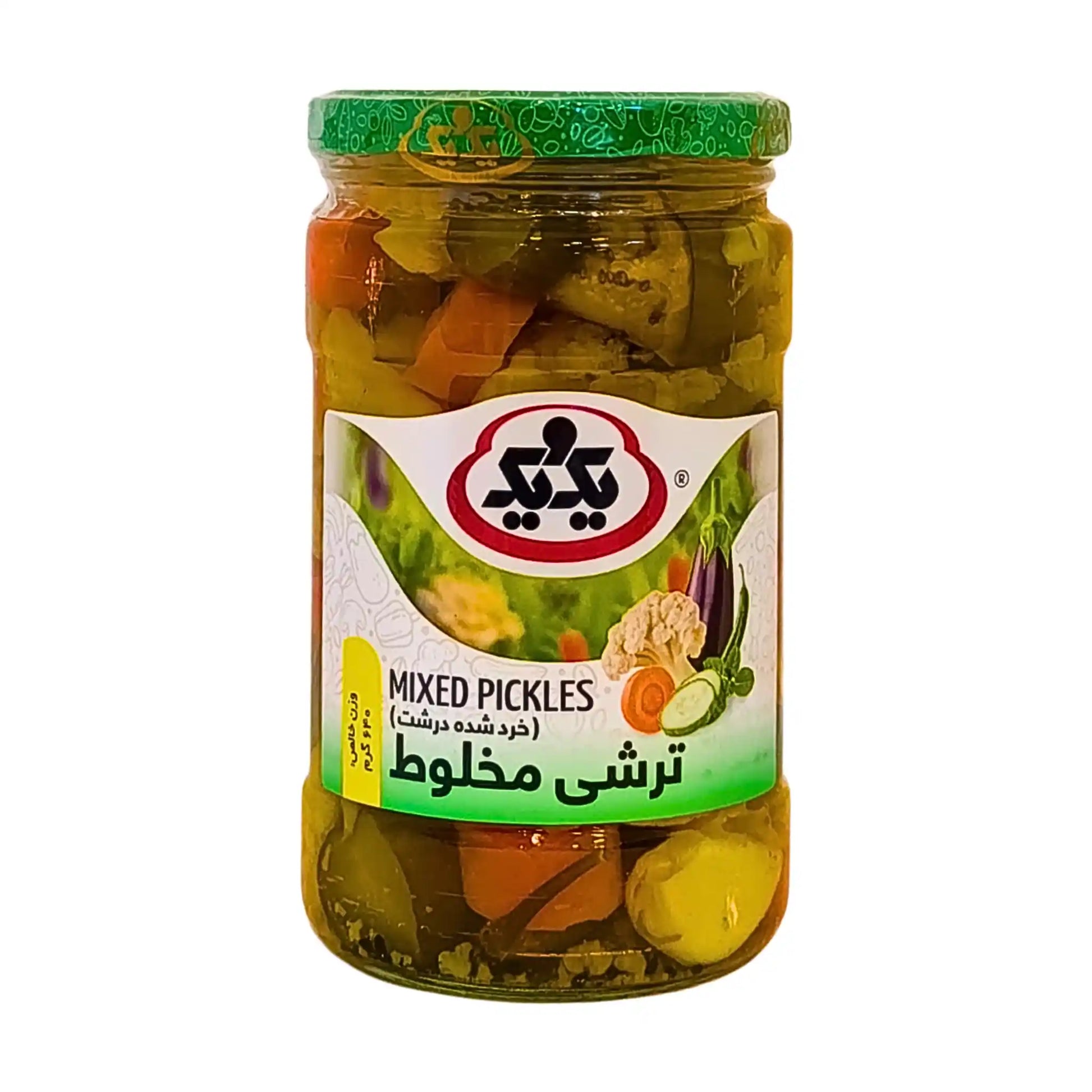 Purkki, jossa on iranilaisia suolattuja vihanneksia, mixed pickles, 660 g valkoista taustaa vasten