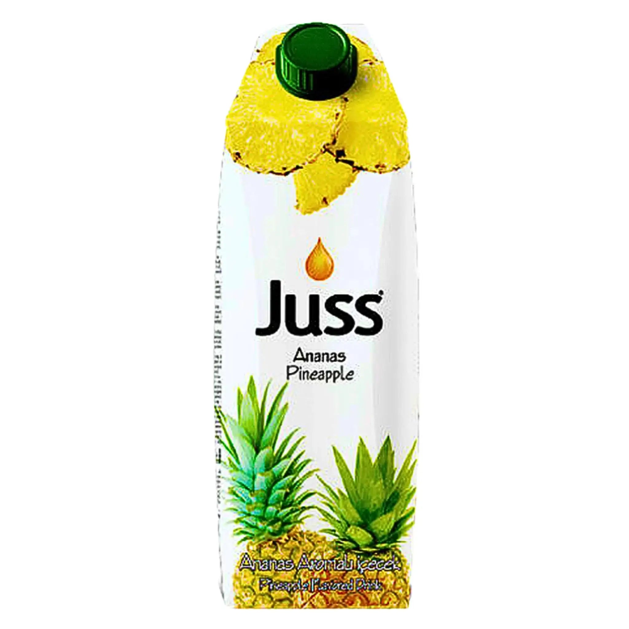 Juss-ananasmehu 1 L pakkauksessa ananasmotivilla, eksoottinen hedelmäjuoma.