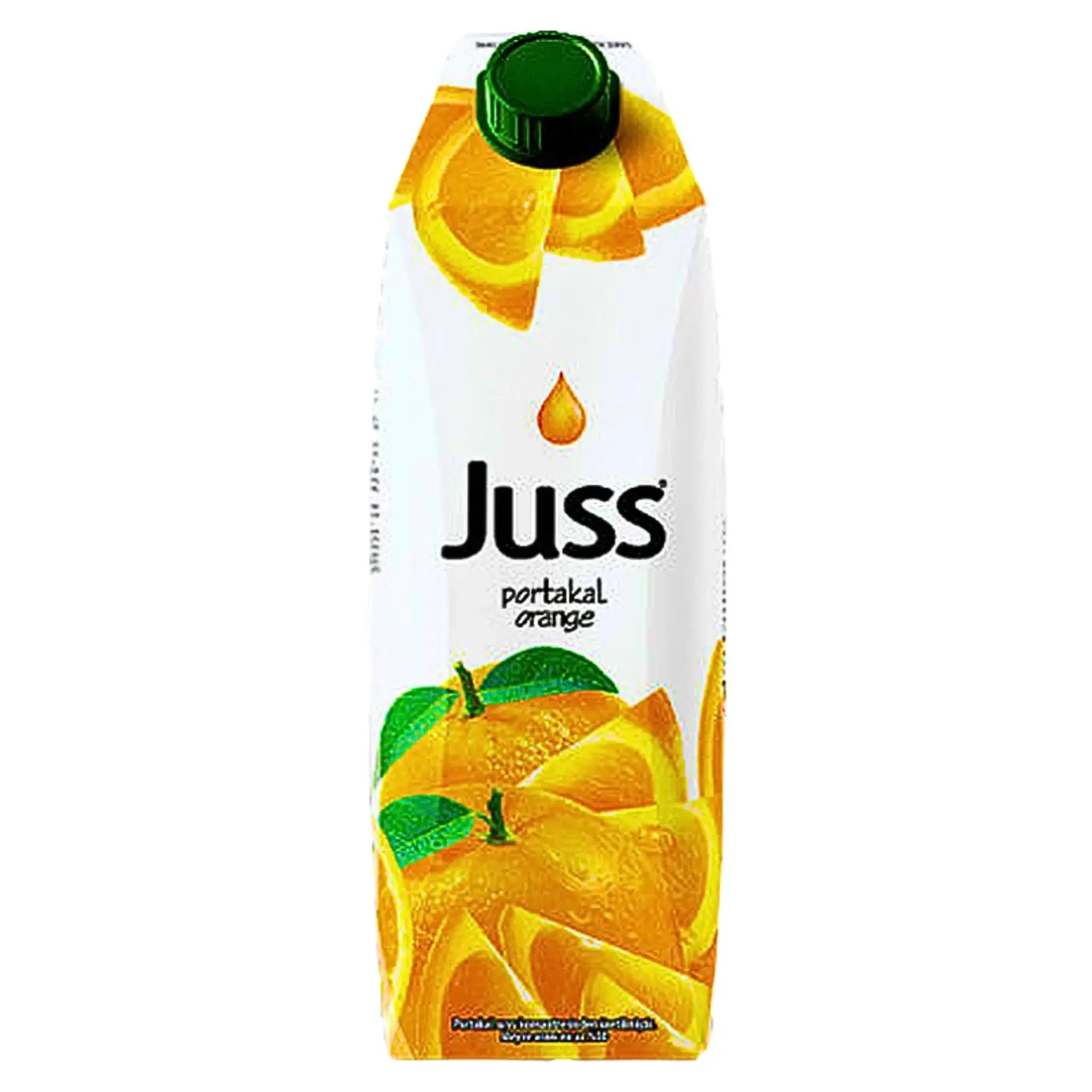 Juss-apelsinimehu 1 L pakkaus mehukkaita appelsiiniviipaleita ja vihreää korkkia