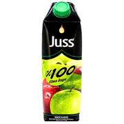 Juss-omenamehu 1 L pakkaus, jossa on vihreitä ja punaisia omenoita, 100 % mehua, sokeriton.