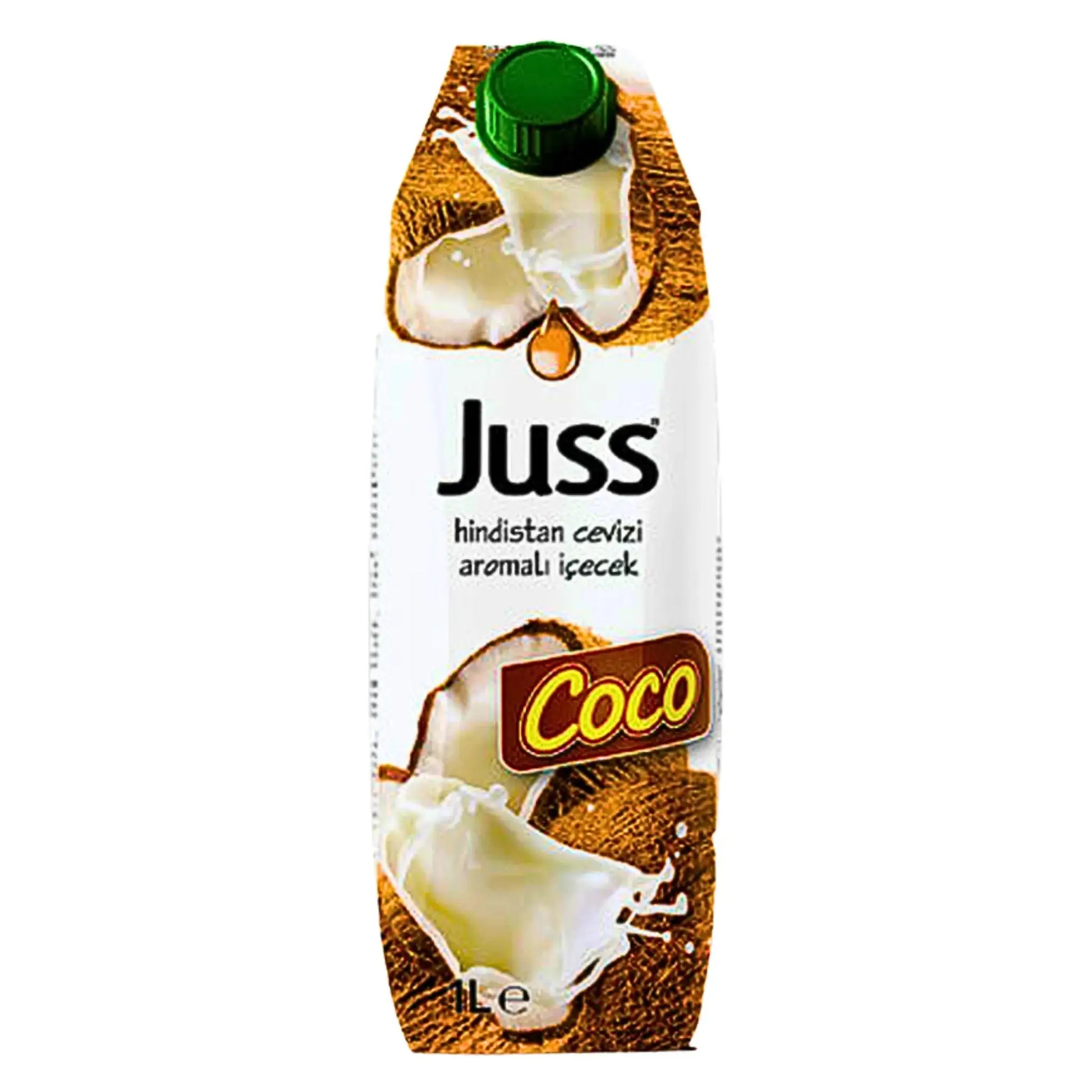 Juss-kookosjuoma 1 L tetrapakkauksessa, jossa on kuvia kookospähkinästä ja kookosmaitosta
