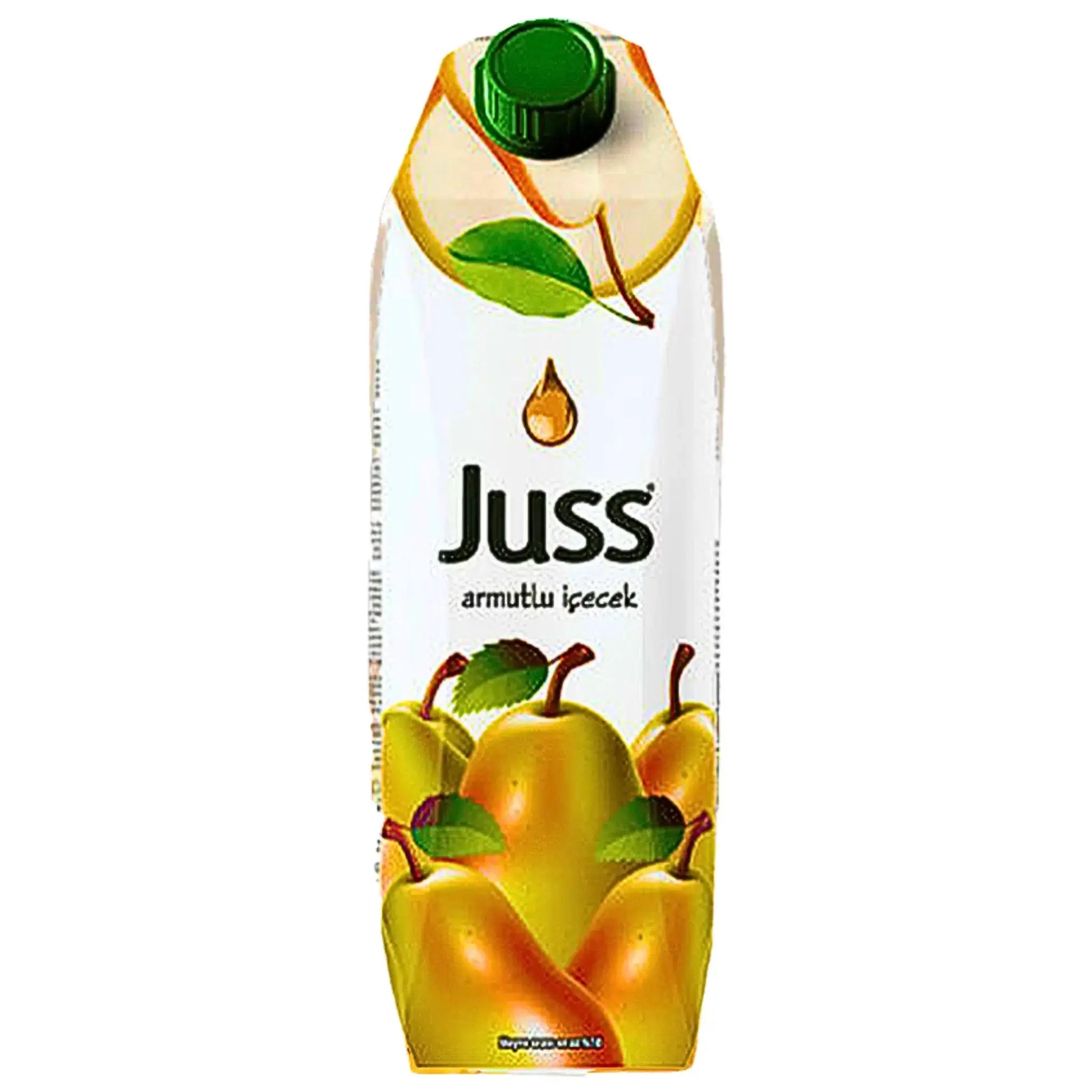 Juss-päärynäjuoma 1 litra tetrapakissa, jossa on kuvitus keltaisista päärynöistä pakkauksessa