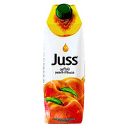 Juss-persikkamehu 1 litra, jossa on persikkakuvia pakkauksessa, itämainen juoma.