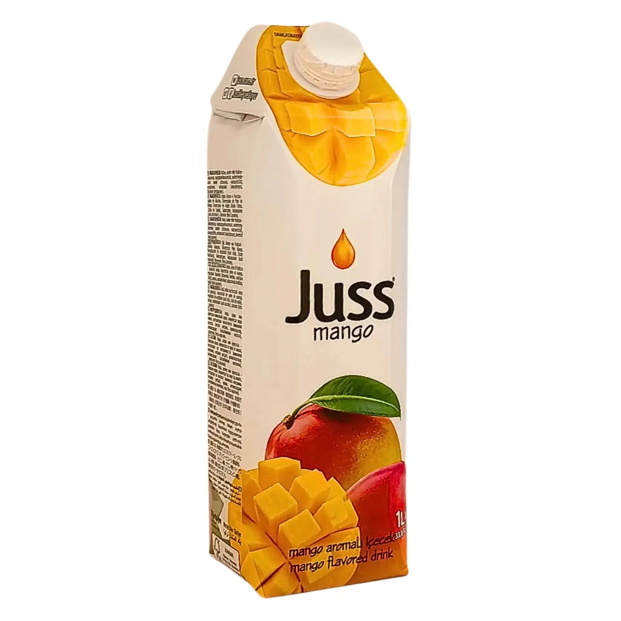 Juss-mangomehu 1L tetra, jossa on tuoretta mangoa ja mangokuutioita pakkauksessa
