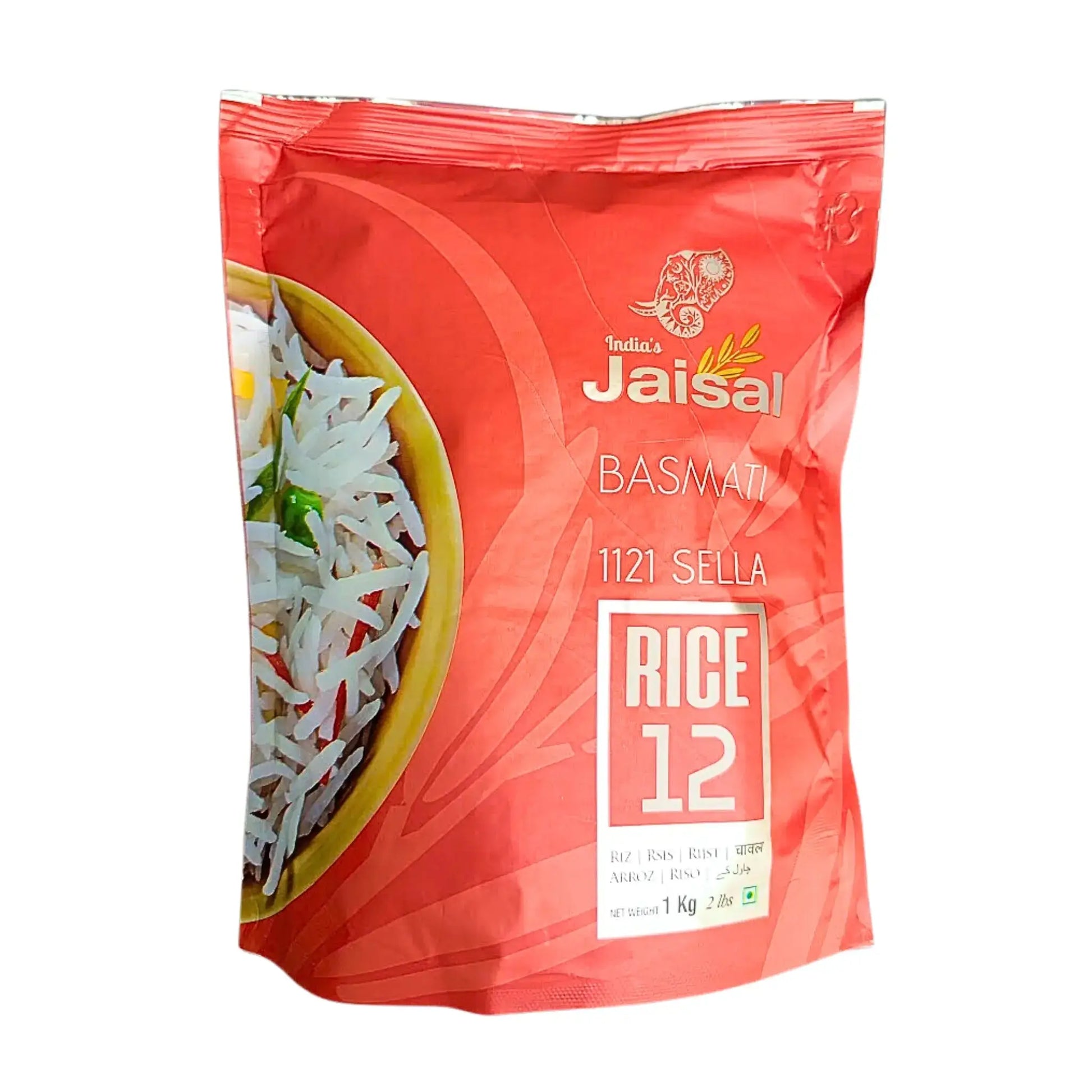 Jaisal Basmati 1121 Sella -riisi 1 kg, punainen pussi riisikuvalla, itäinen pitkäjyväriisi.