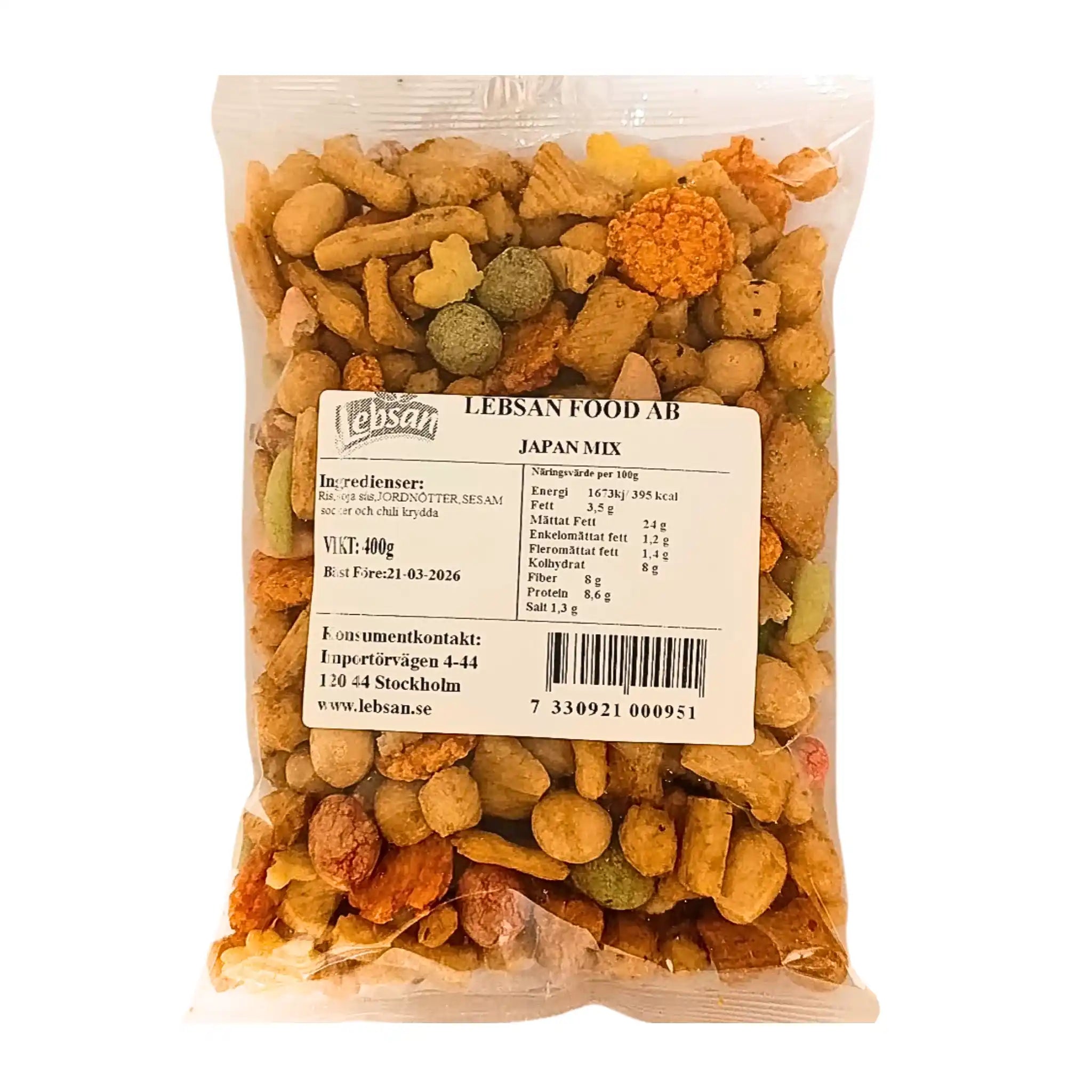Pakkaus Japan Mix, 400 g, rapeita välipaloja ja pähkinöitä, aasialainen välipala.