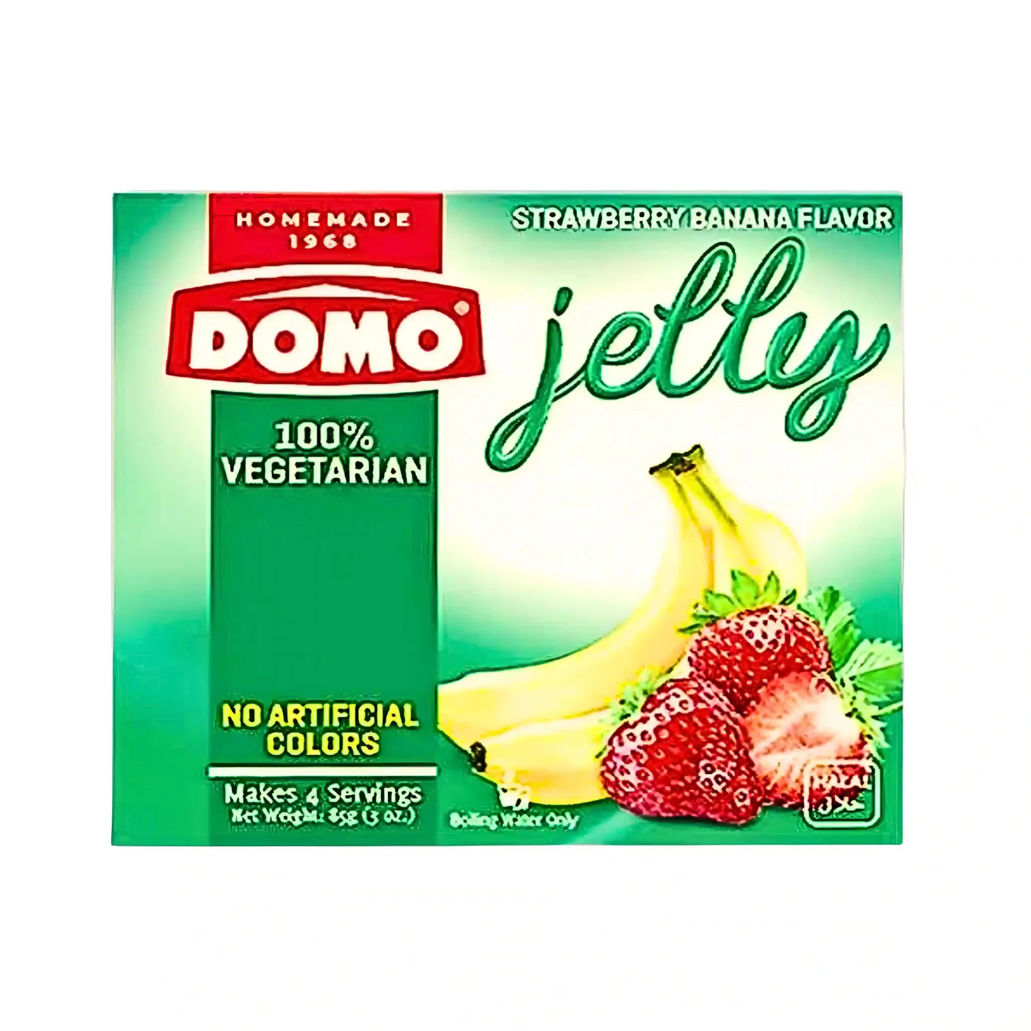 Domo-jelypulveri banaanin- ja mansikanmakuinen, vegaani, 85 g jälkiruoaksi.