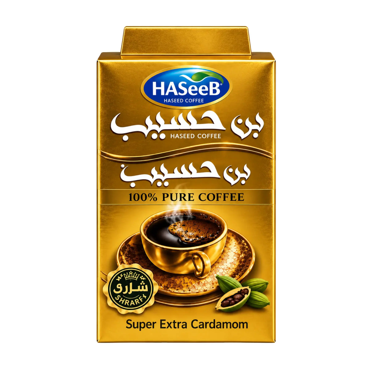 Kaffepaket Haseeb Super Extra kardemumma i gul förpackning med koppmotiv
