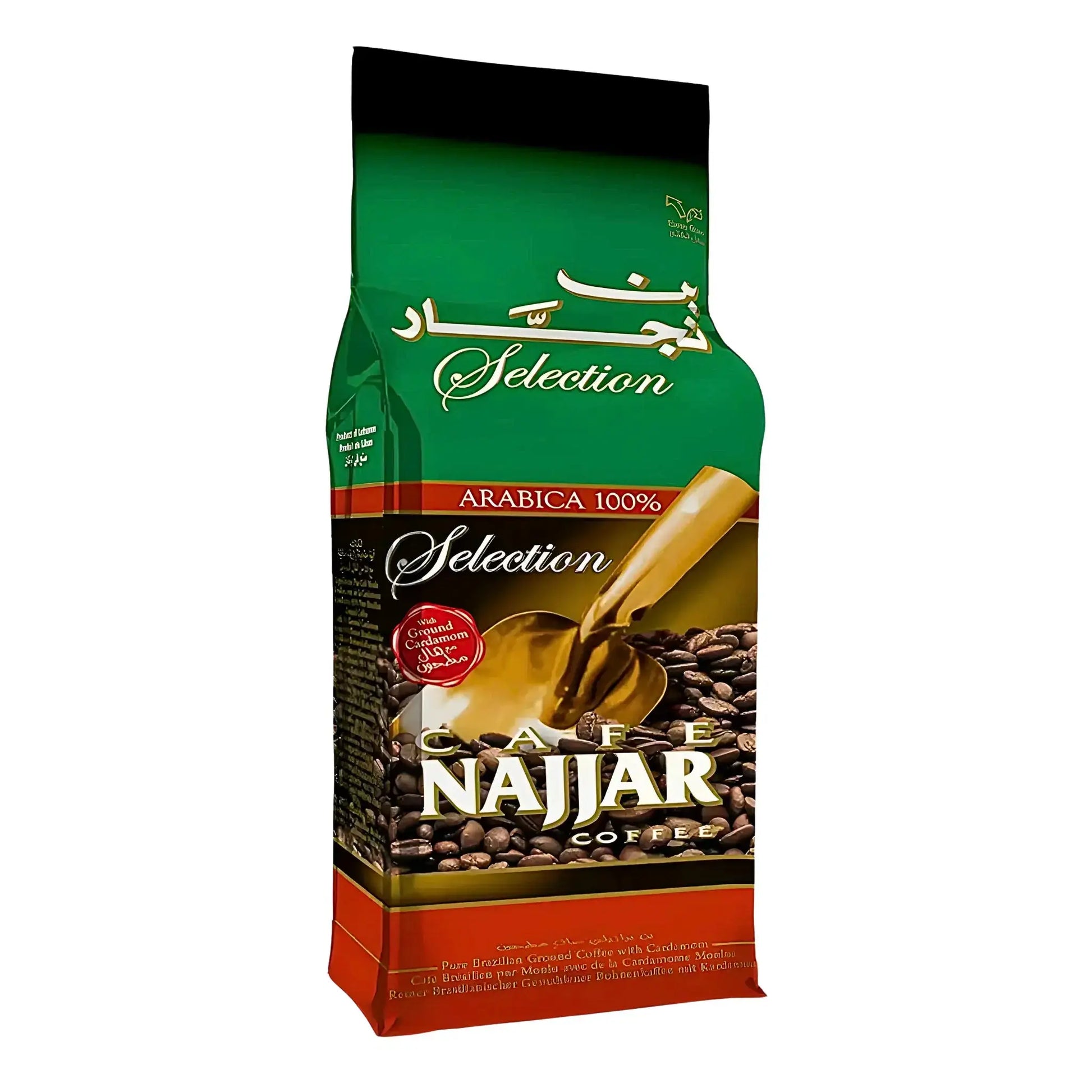 Najjar Selection -kahvi Arabica 100 % kardemumman kanssa, 200 g:n pakkaus, vihreä ja punainen pakkaus, jossa kahvipavut.