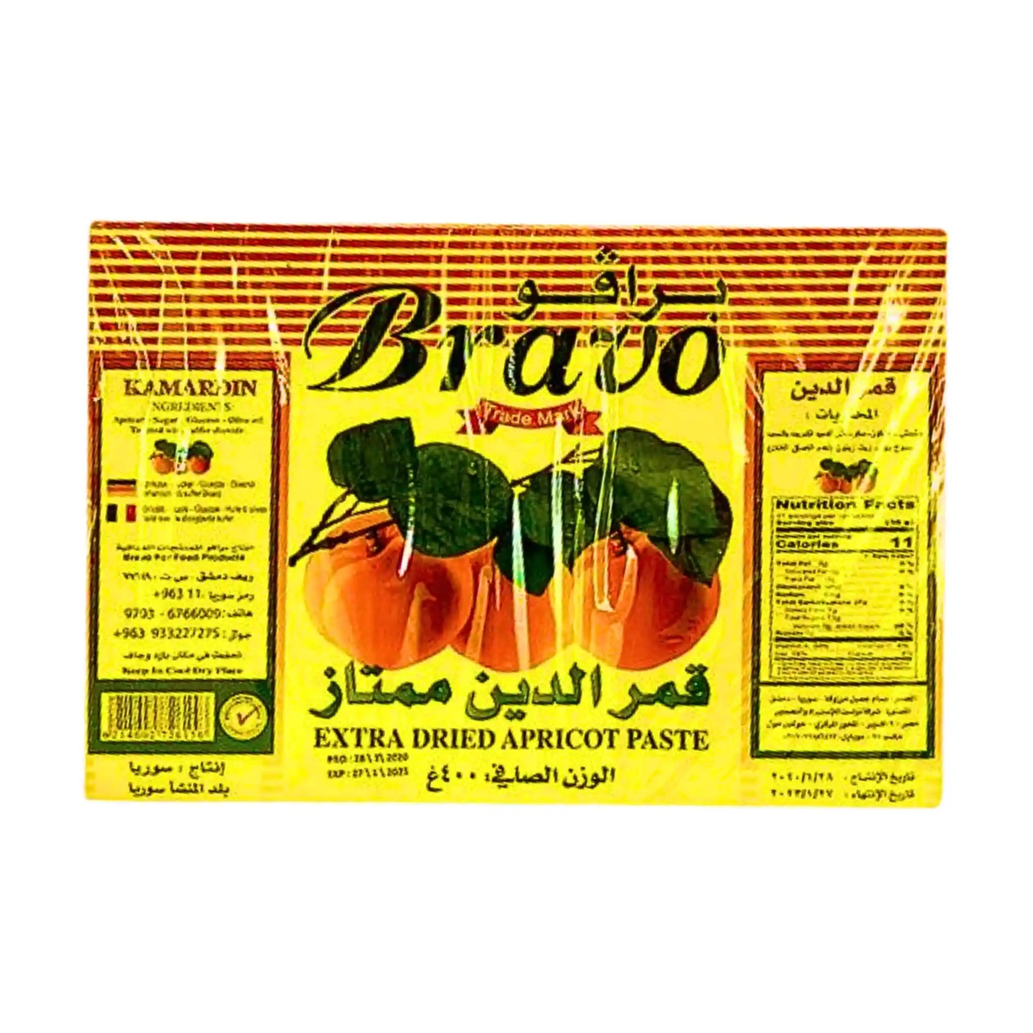 Bravo kuivattua aprikoosimassaa 400 g, pakkaus hedelmäkuvalla ja ravitsemustiedoilla.