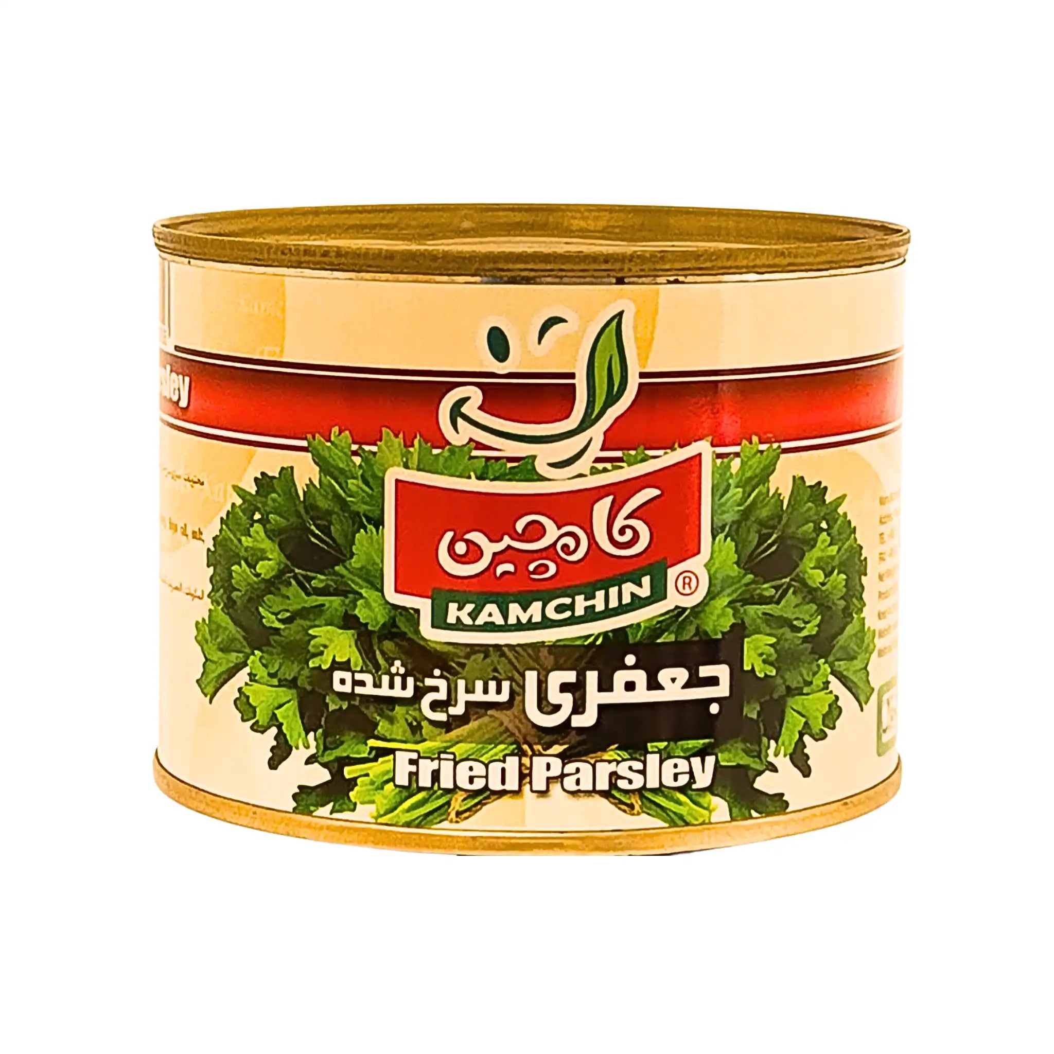 Kamchin-purkki paistettua persiljaa 500 g, jossa on persiljanlehtiä etiketissä, itämaisia elintarvikkeita.