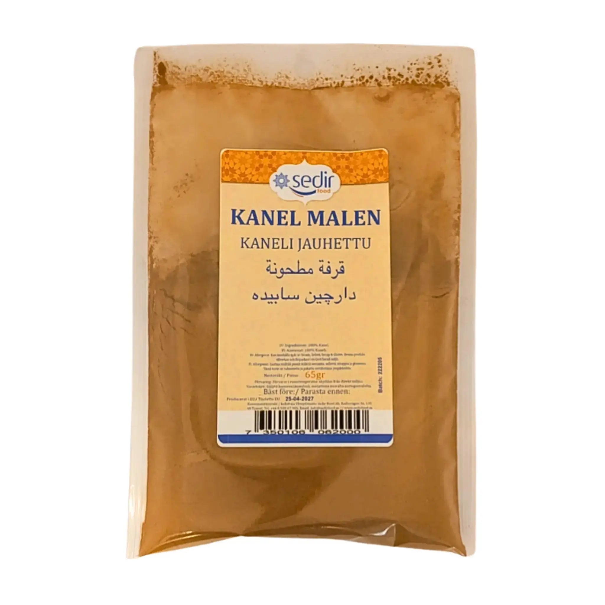 Pussi Sedirin jauhettua kanelia 65 g, itämainen elintarvike, läpinäkyvä muovipakkaus.