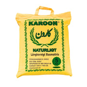 Karoon-paketti pitkäjyväistä basmati-riisiä, 5 kg, keltainen pakkaus vihreällä tekstillä.