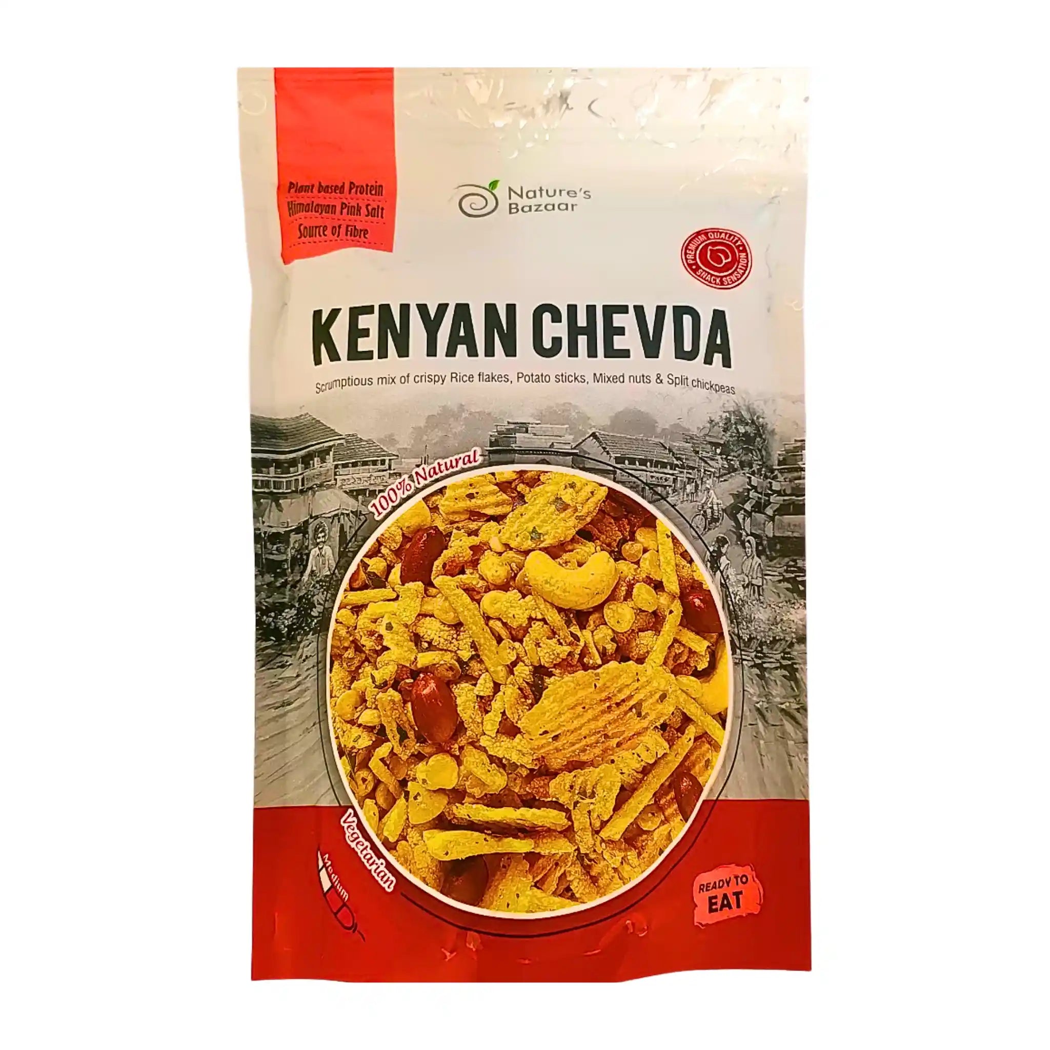 Pakkaus Kenyan Chevdaa, mausteista snack-seosta riisiviluilla, pähkinöillä ja perunalastuilla.