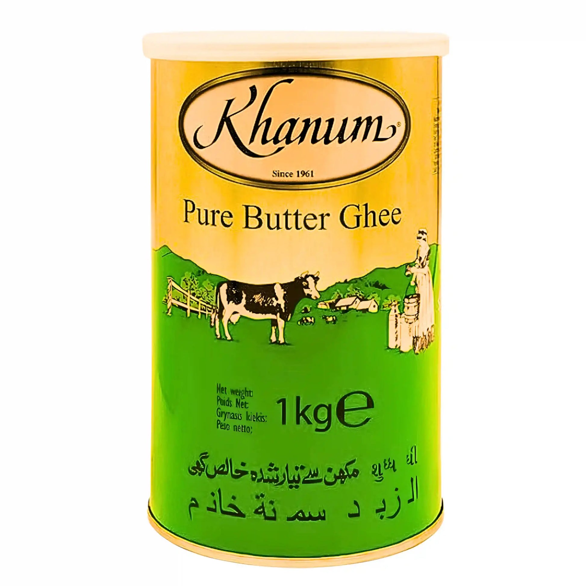 Khanum Pure Butter Ghee 1kg burk, illustration av ko och landskap, orientalisk matvara.