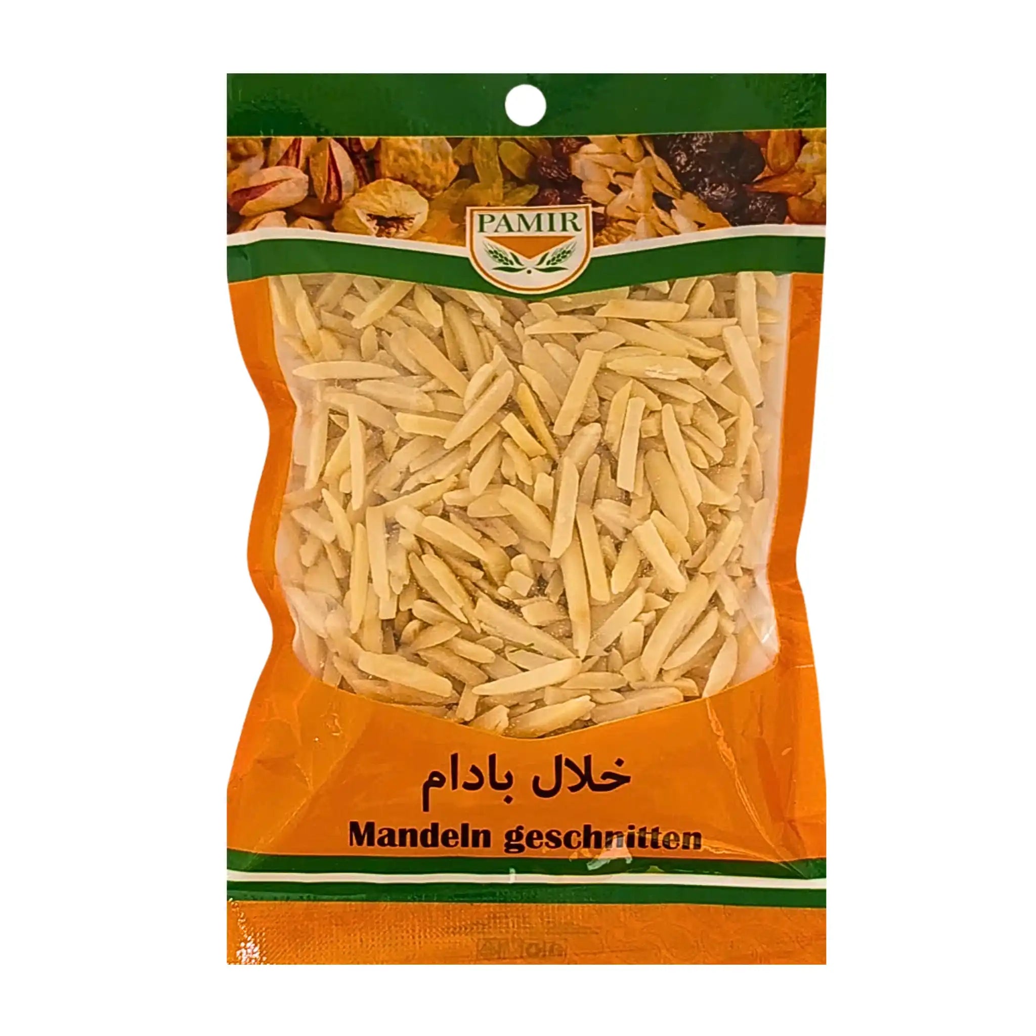 Pamir-hienonnetut mantelit 100g läpinäkyvässä ja oranssissa pakkauksessa.