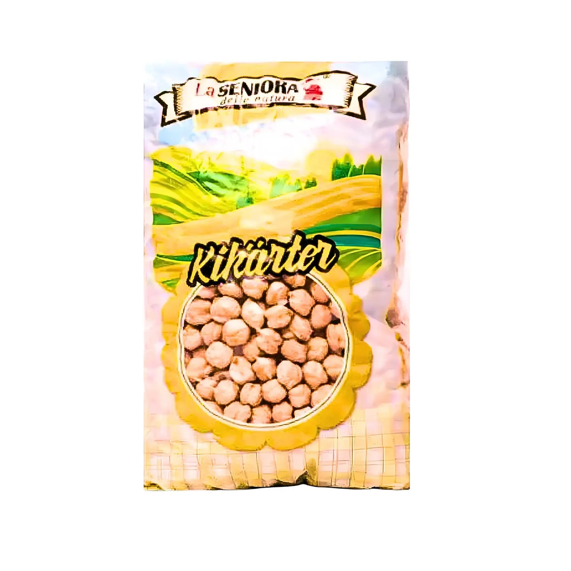 Pakkaus kikherneitä 900g, selkeä kuva tuotteesta valkoista taustaa vasten