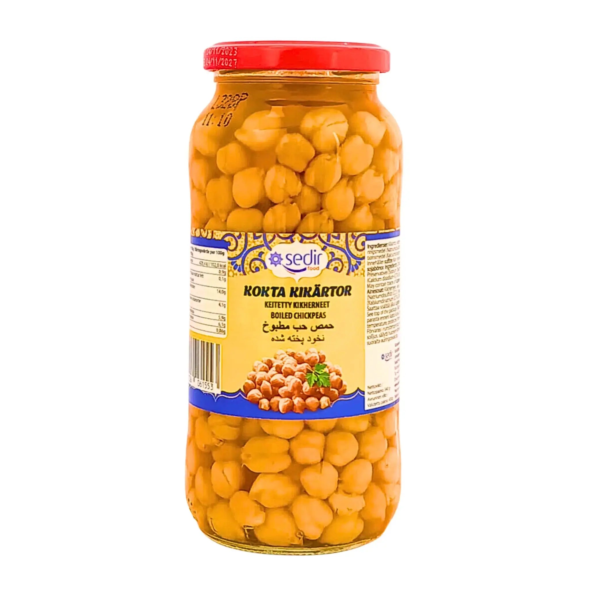 Lasipurkki, jossa on keitetyt kikherneet Sediristä, itämaiset palkokasvit.