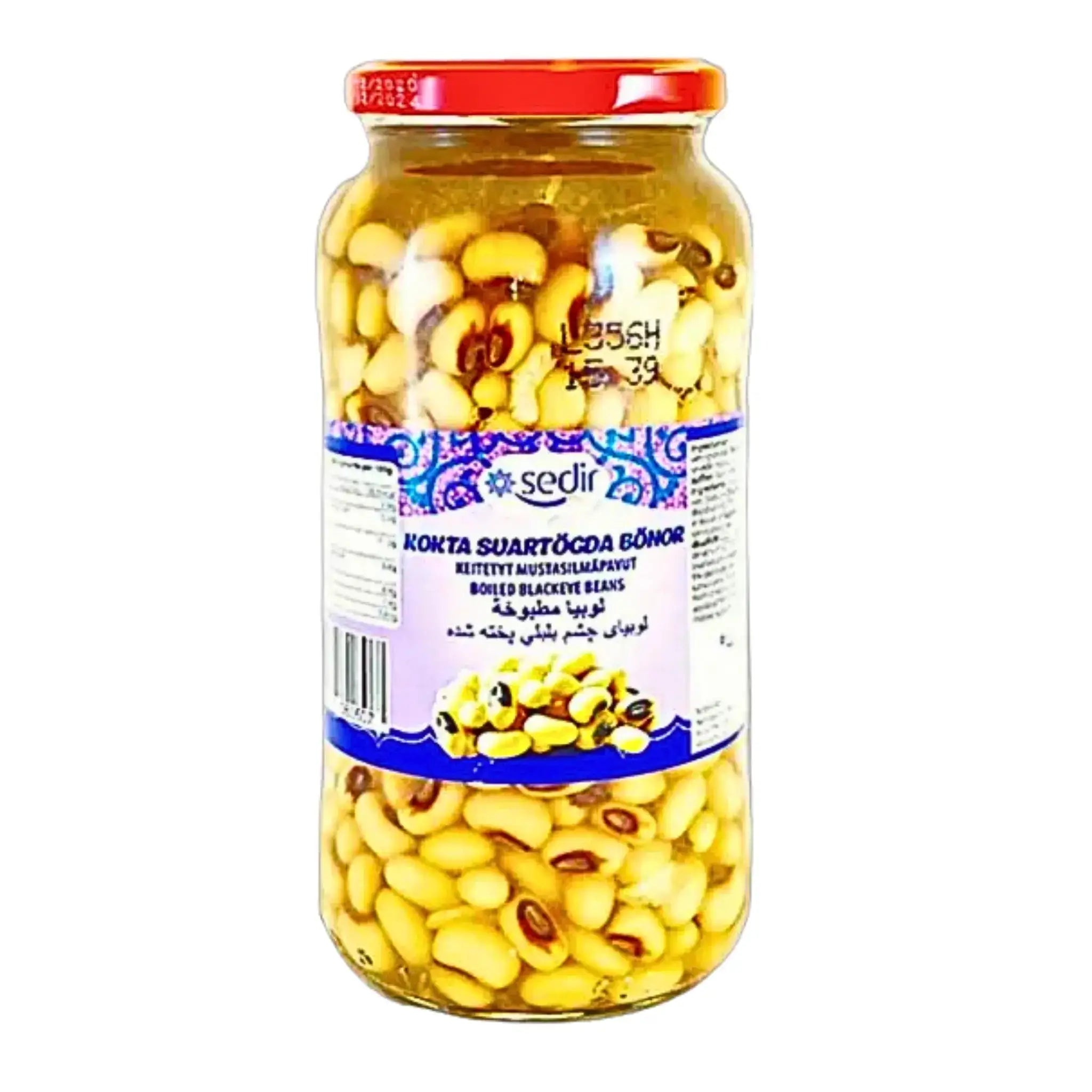 Glasburk med kokta black eye-bönor, orientaliska kolonialvaror, matvara