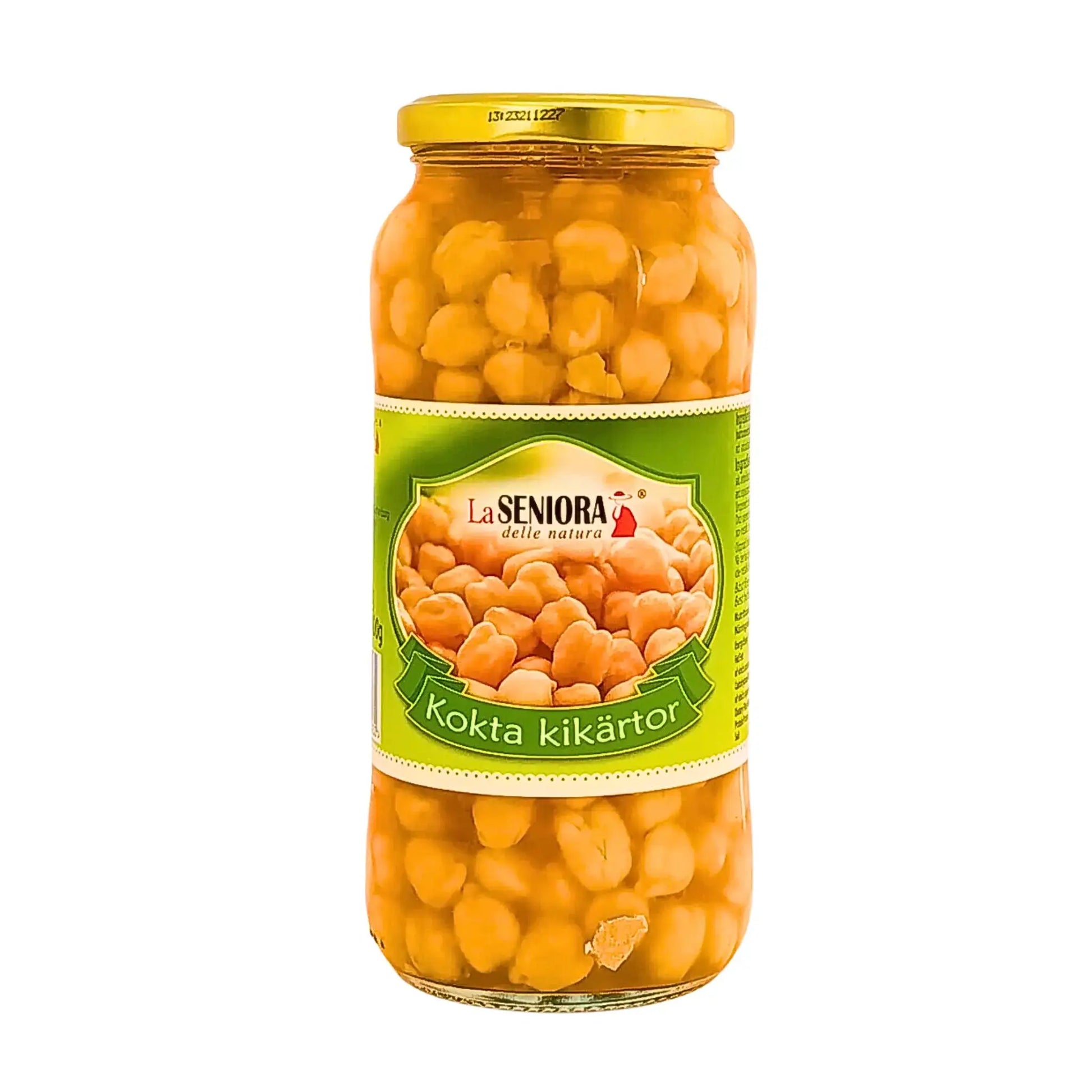 Glasburk med kokta kikärtor La Seniora 540g, närbild med grön etikett