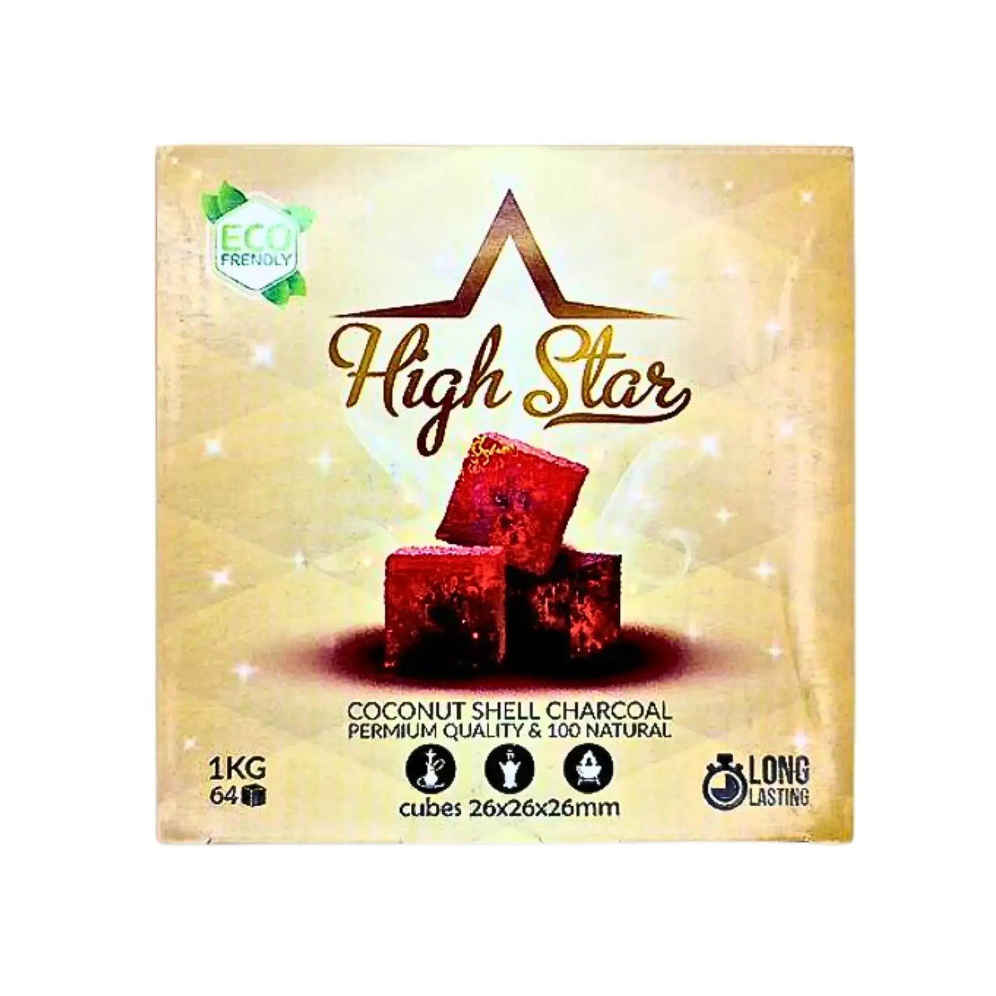 High Star -vesipiippukookospalan kuutioita sisältävä pakkaus, 1 kg, ympäristöystävällinen.