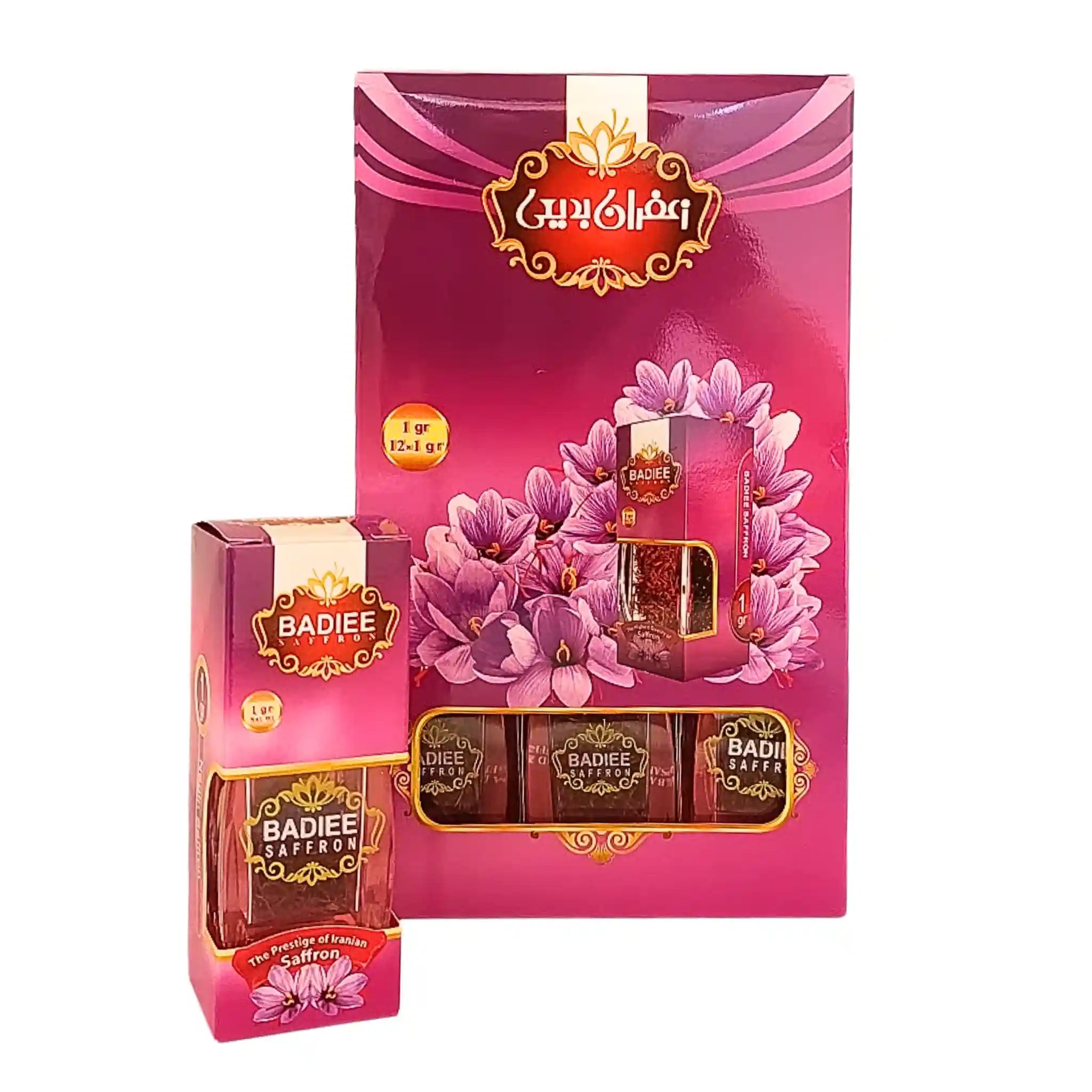 Iranilainen saffraani 1 gramma violetissa ja punaisessa pakkauksessa, jossa safraanikrokus kukkia edessä