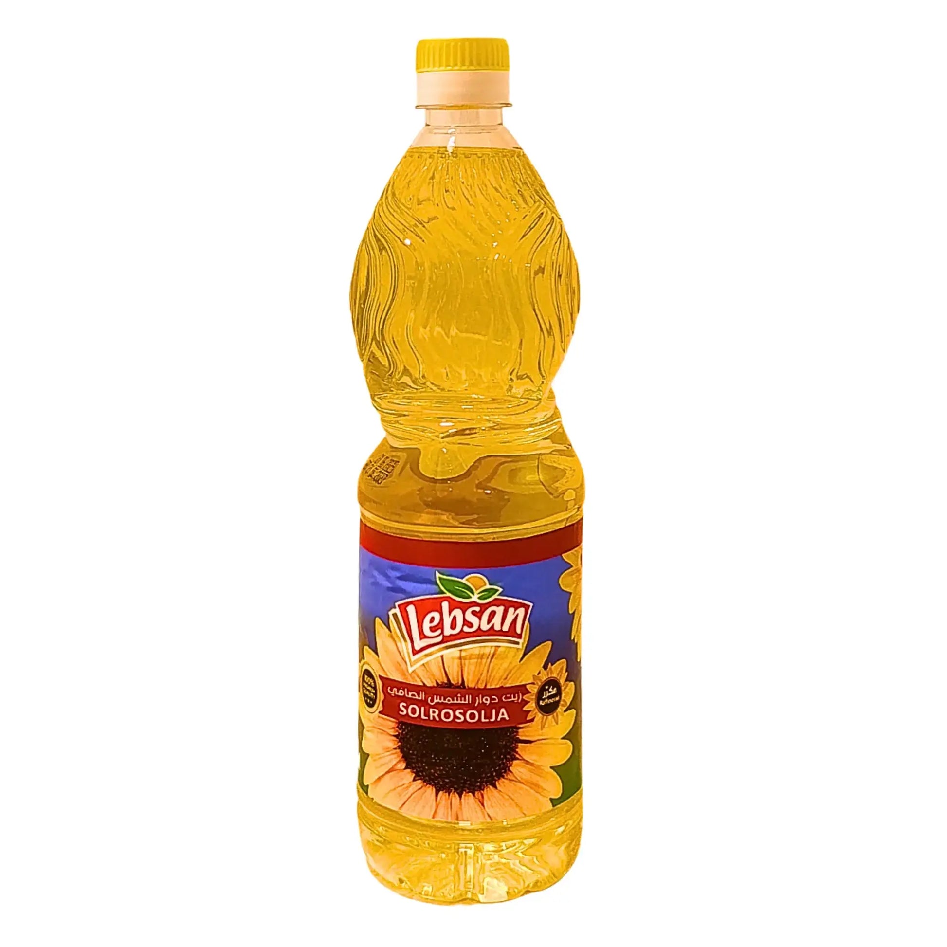 Muovipullo Lebsan-kasviöljyä 810 ml, keltainen etiketti aurinkokukkakuvio, elintarvike.