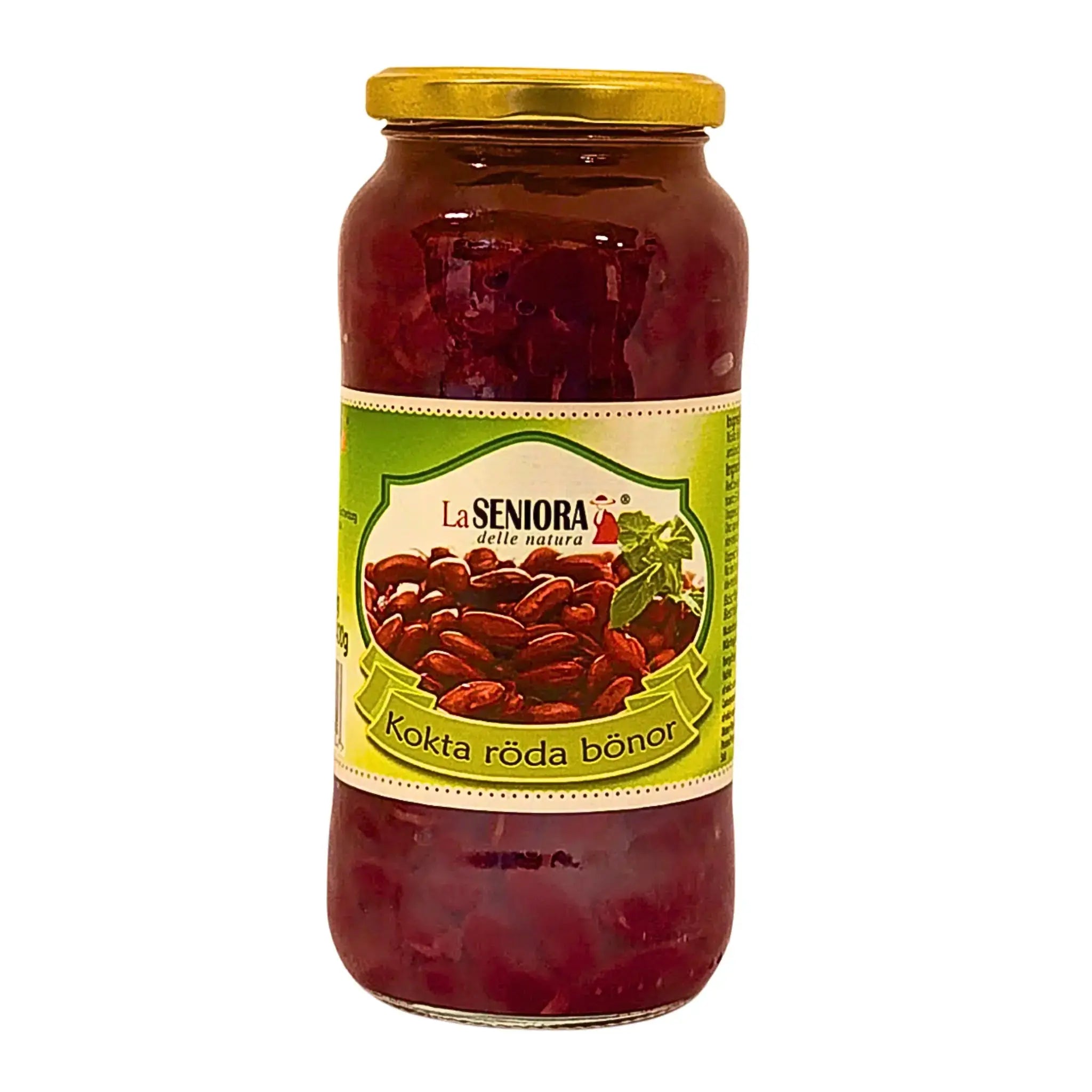 Glasburk med kokta röda bönor, gul lock, grön etikett, orientaliska kolonialvaror