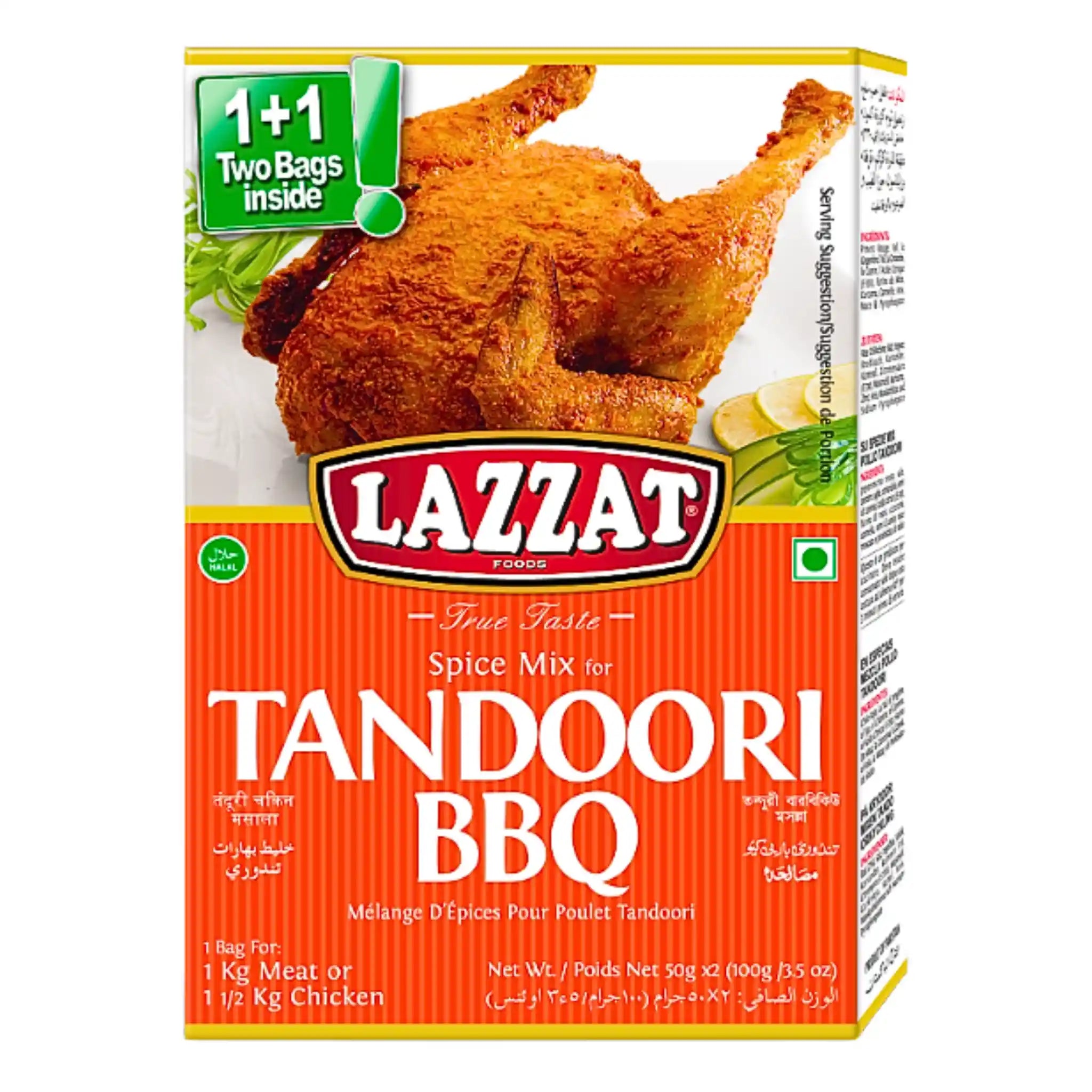 Lazzat Tandoori BBQ -mausteseos, pakkaus paistetun kanan kuvalla, itämaiset mausteet