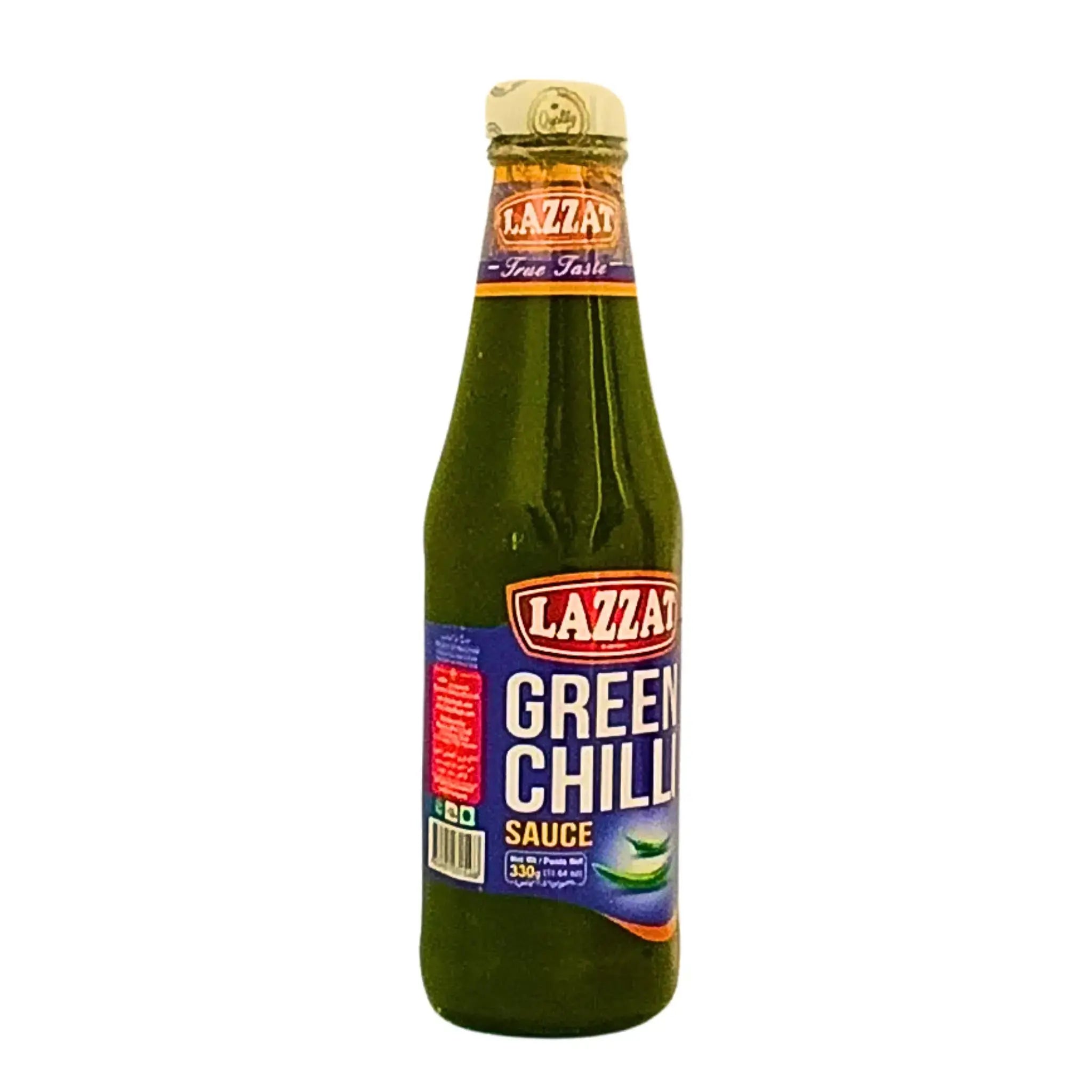 Vihreä chilikastike 330 g pullo etiketillä, itäinen ruoka.