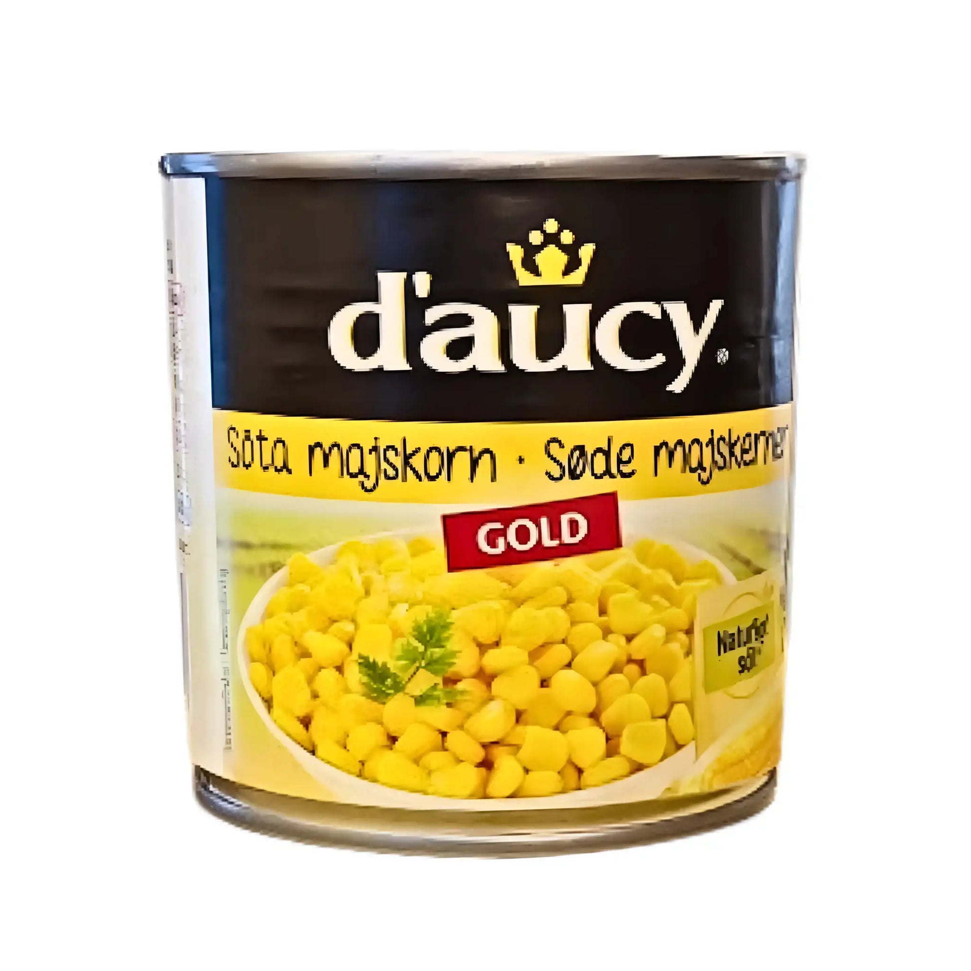 Purkki makeita maissin jyviä d'aucy, keltainen etiketti, kuva keltaisista maissinjyvistä, teksti GOLD