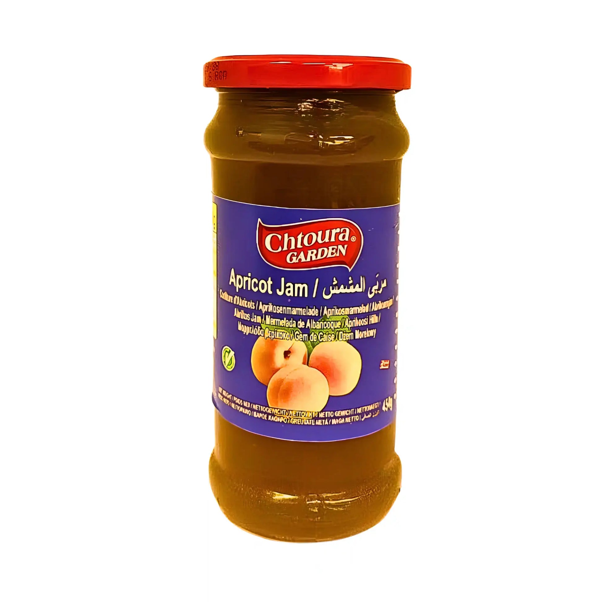Chtoura Garden-aprikoosimarmeladi lasipurkissa sinisellä etiketillä ja punaisella kannella, 450 g.