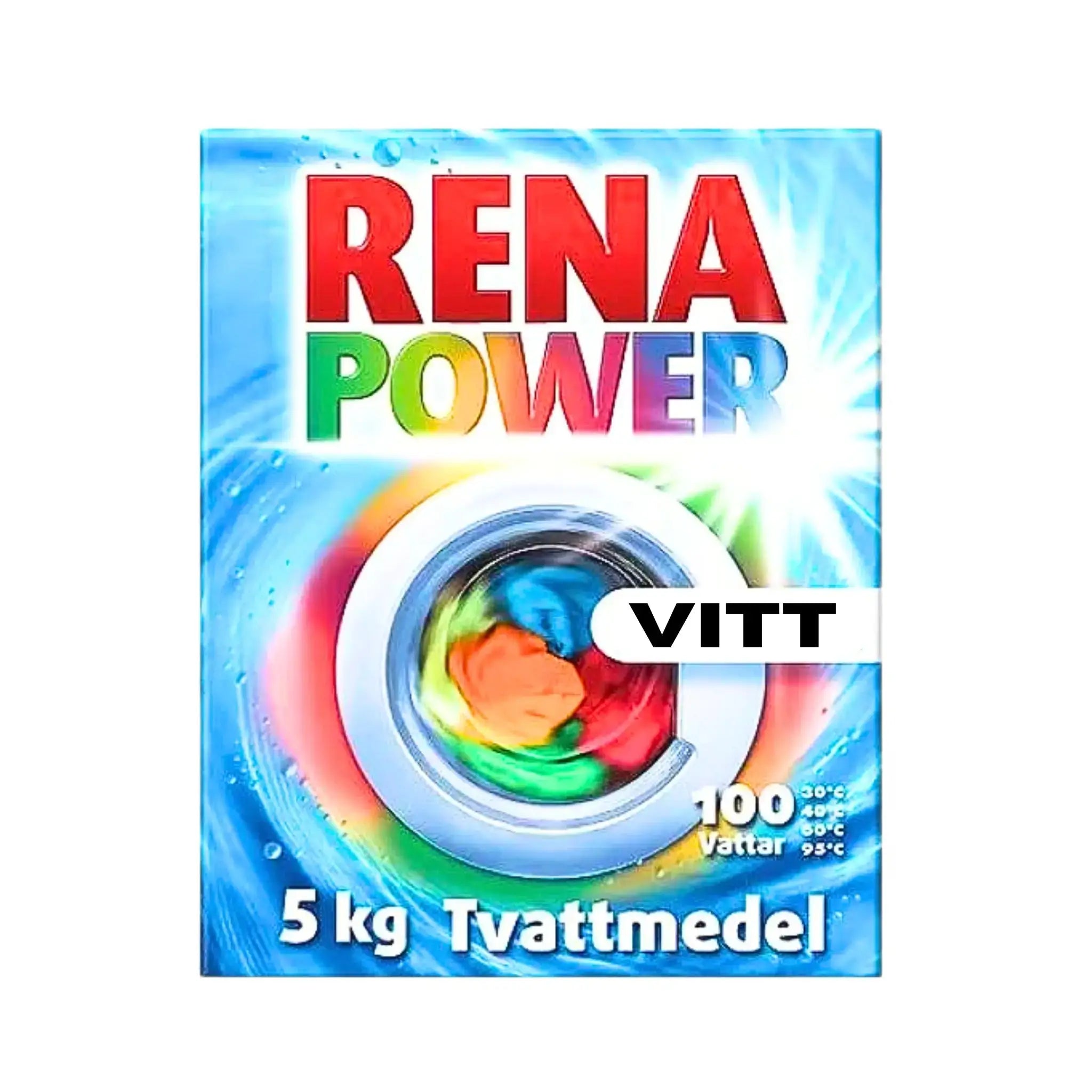 Rena Power -pesuaine valkopesuun, 5 kg:n pakkaus, värikäs designi.