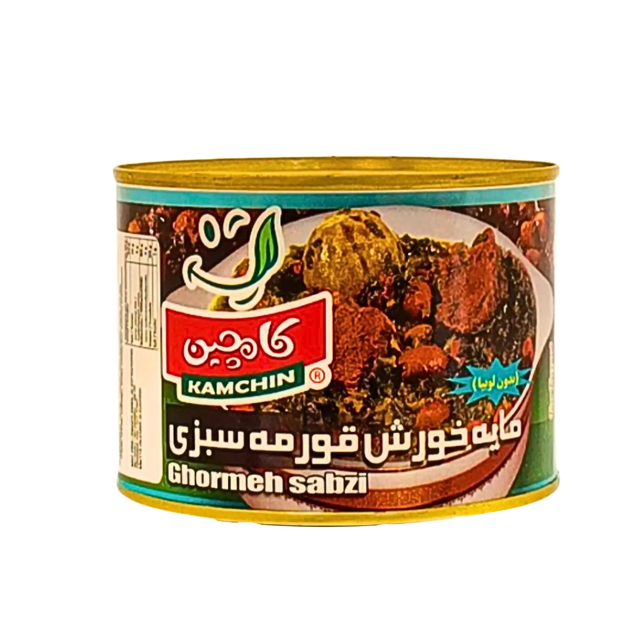 Konservipurkki Kamchin Ghormeh Sabzi, persialainen yrttijuoma, valkoisella taustalla.