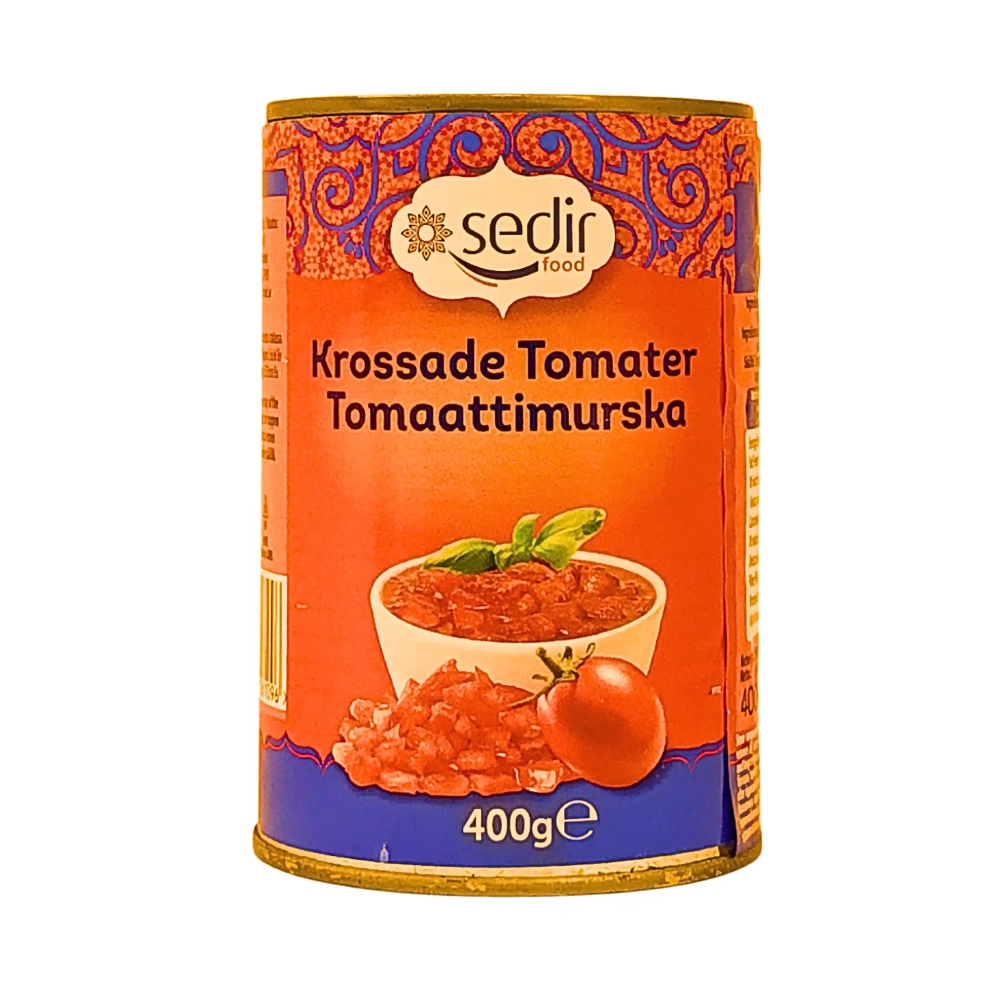 Purkki murskattuja tomaatteja, 400g, itämaalainen design ja tomaattikuva etiketissä