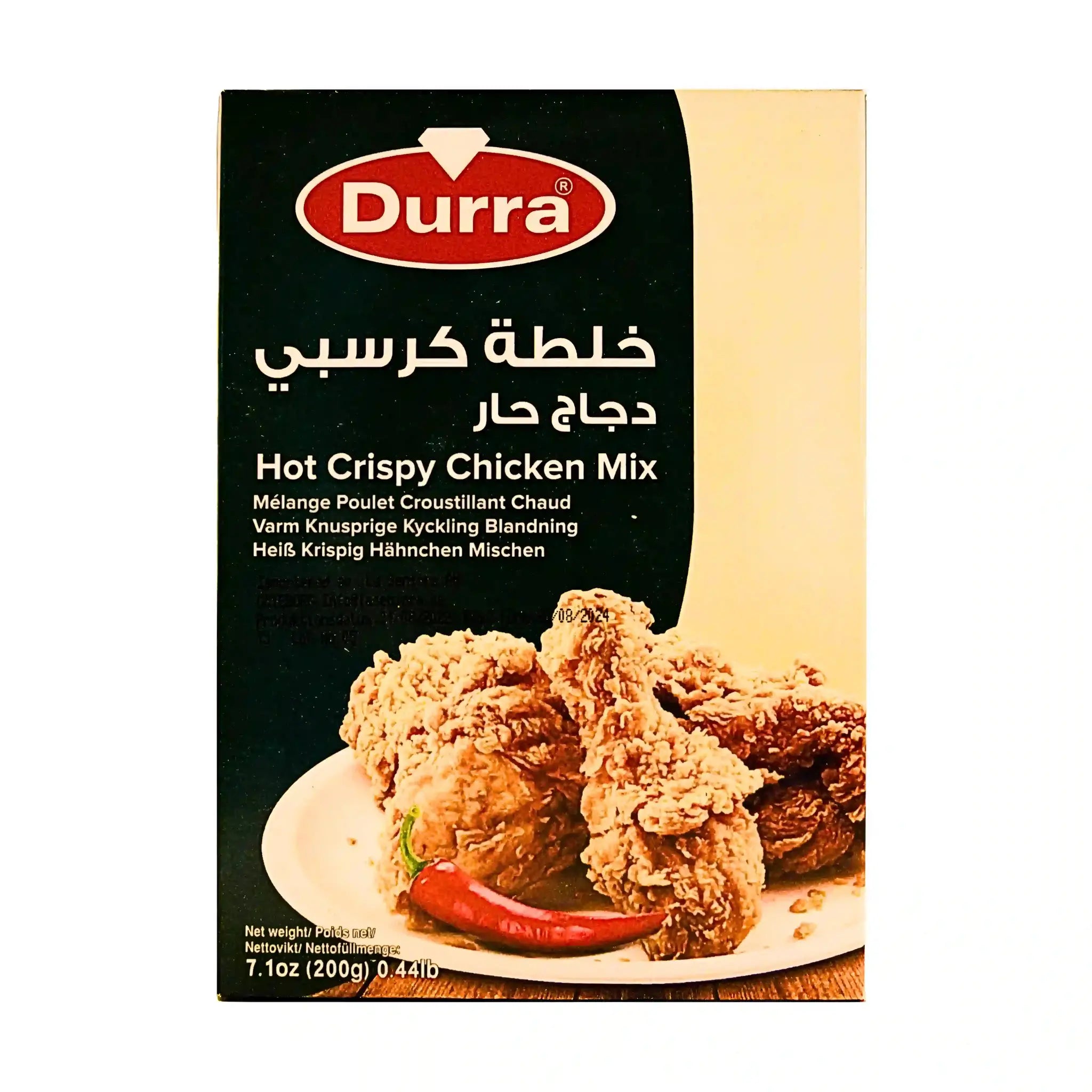 Durra Hot Crispy Chicken Mix rapeaan ja mausteiseen kanaan, pakkaus jossa kuva paistetusta kanasta ja chilistä