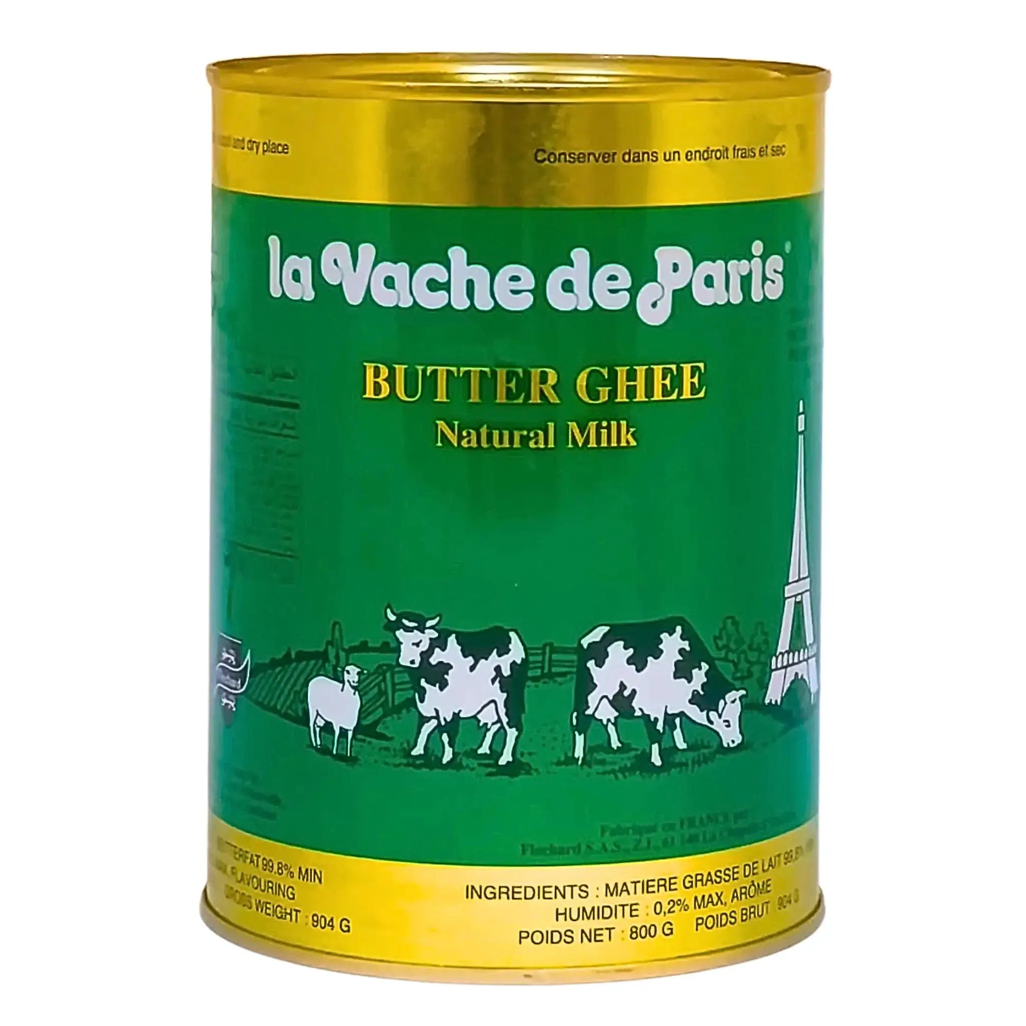 Vihreä La Vache de Paris -voipurkki, 800 g, kuvituksena lehmät ja Eiffel-torni.